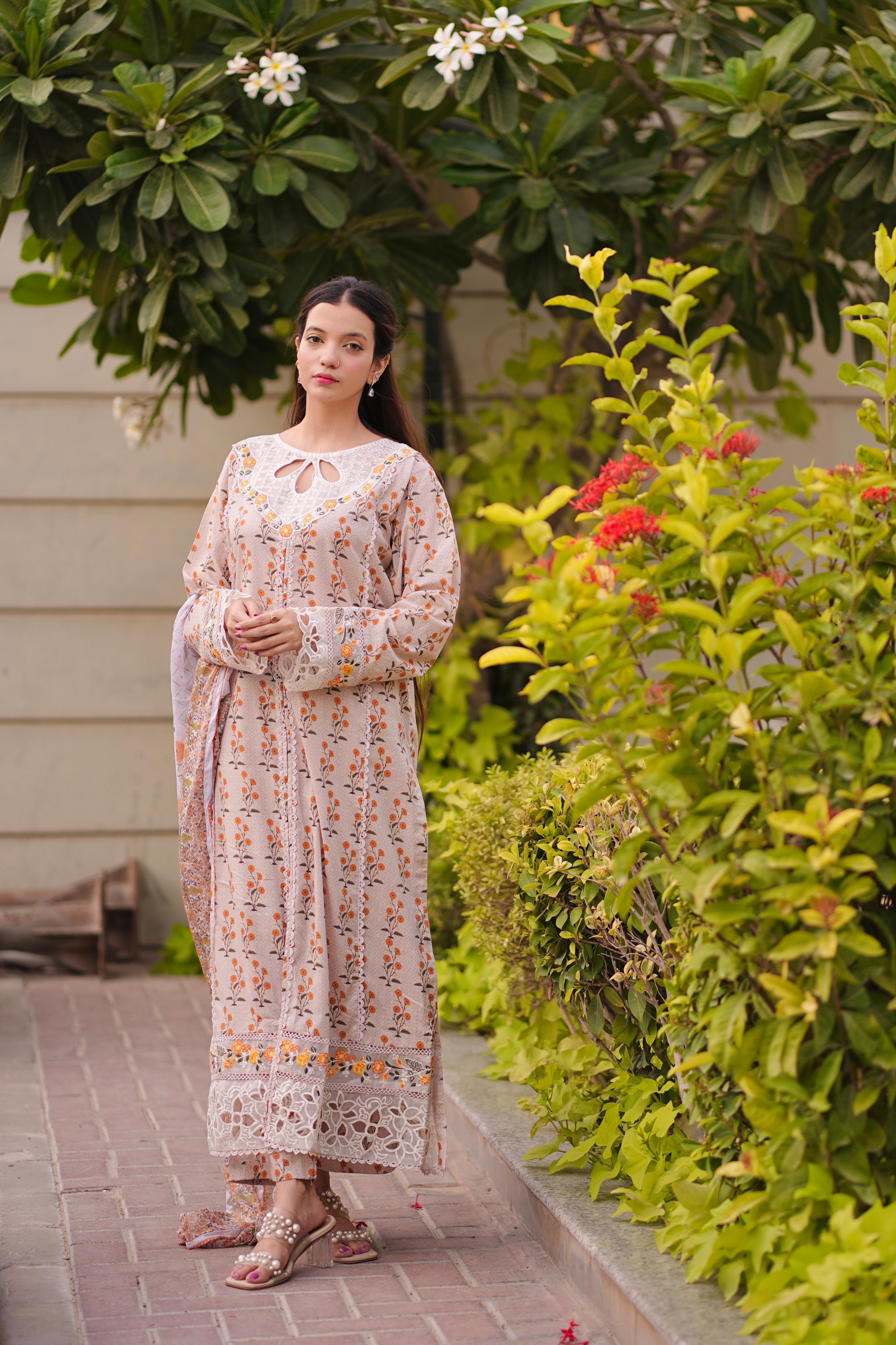 Front Open Embroidered Lawn 3Pc with Cutwork Neckline & Chiffon Dupatta