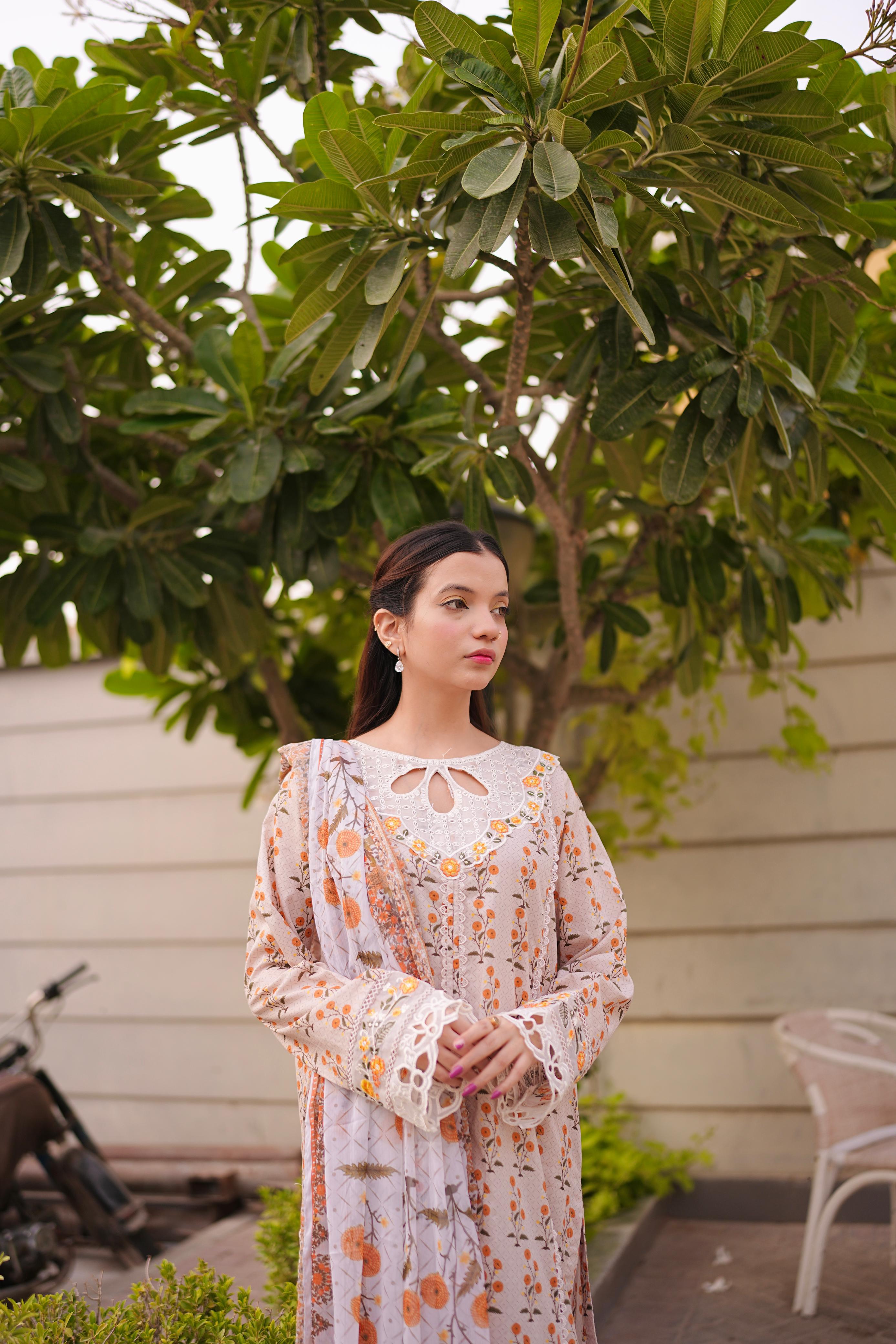 Front Open Embroidered Lawn 3Pc with Cutwork Neckline & Chiffon Dupatta