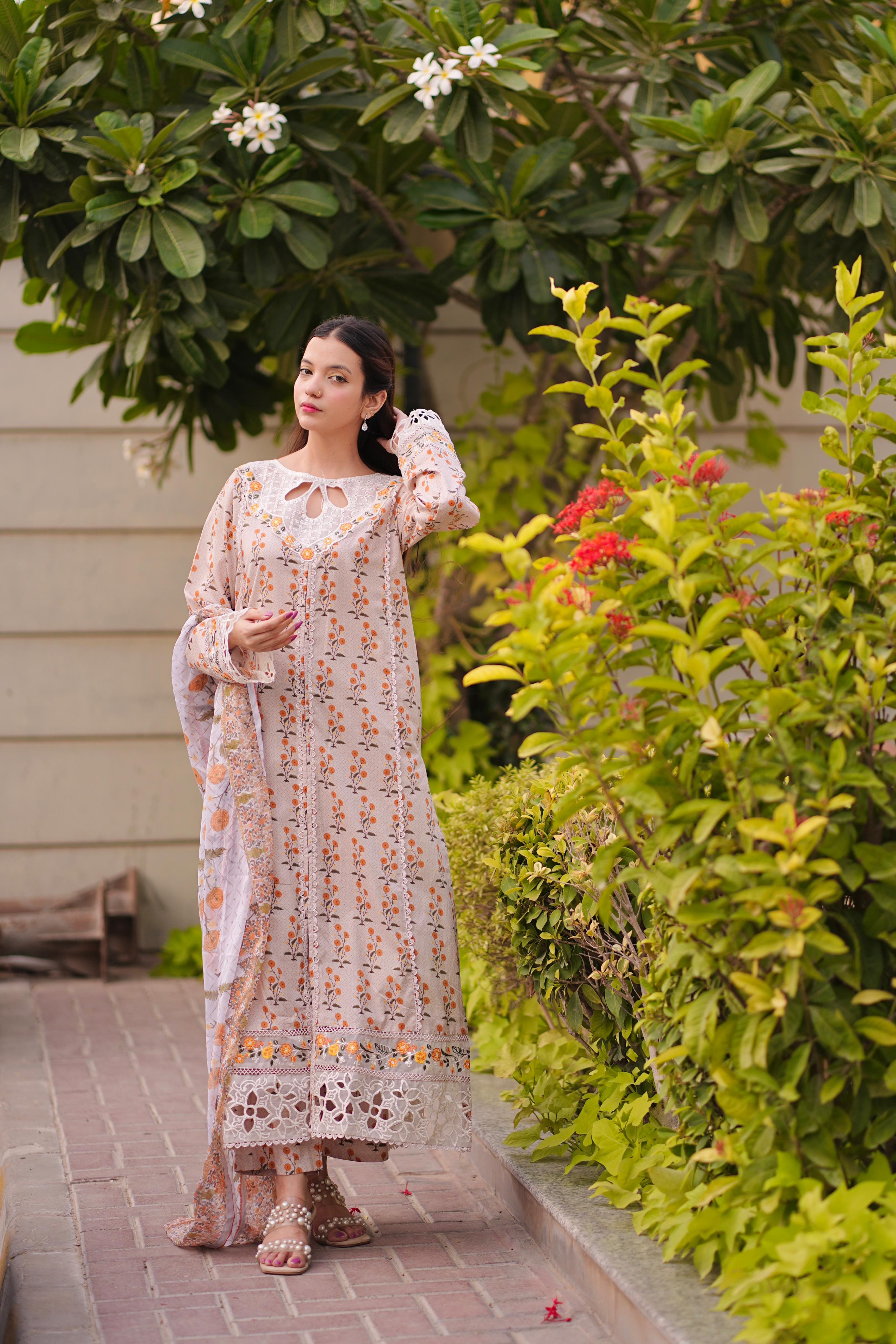 Front Open Embroidered Lawn 3Pc with Cutwork Neckline & Chiffon Dupatta