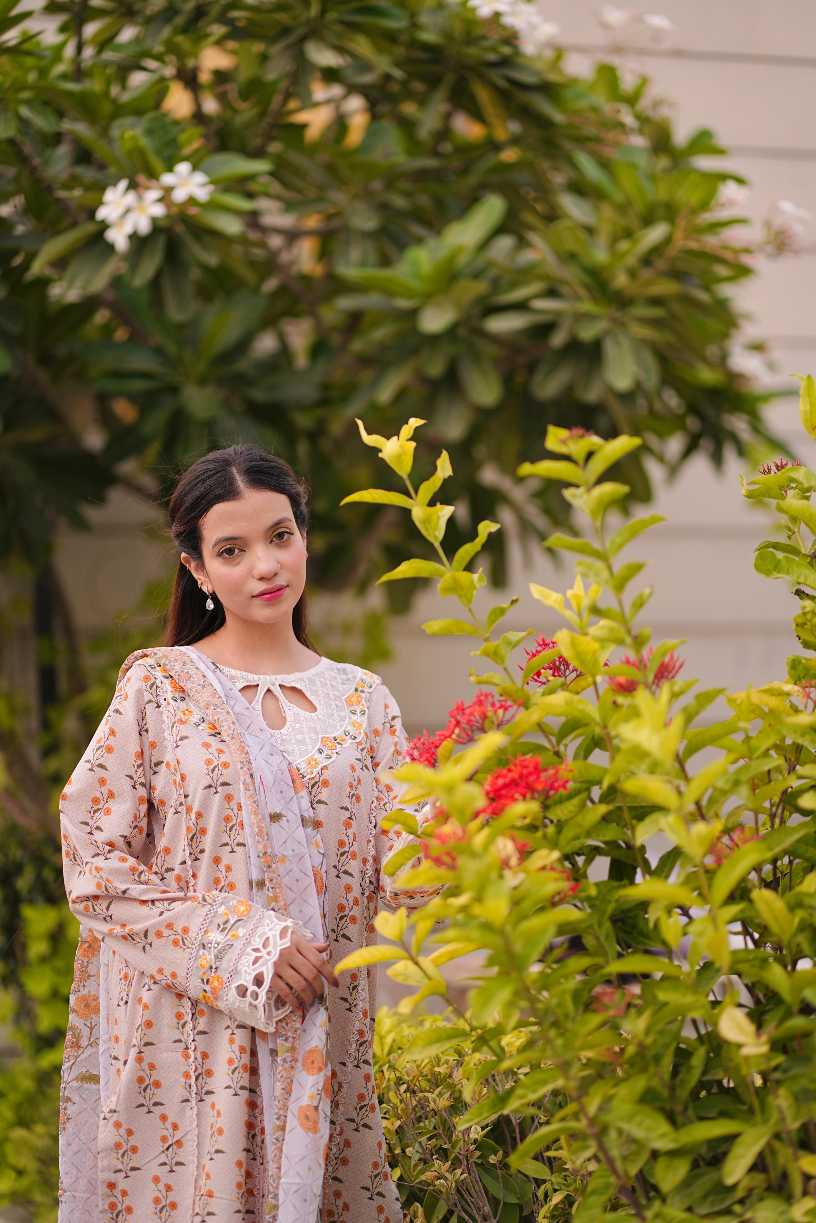 Front Open Embroidered Lawn 3Pc with Cutwork Neckline & Chiffon Dupatta