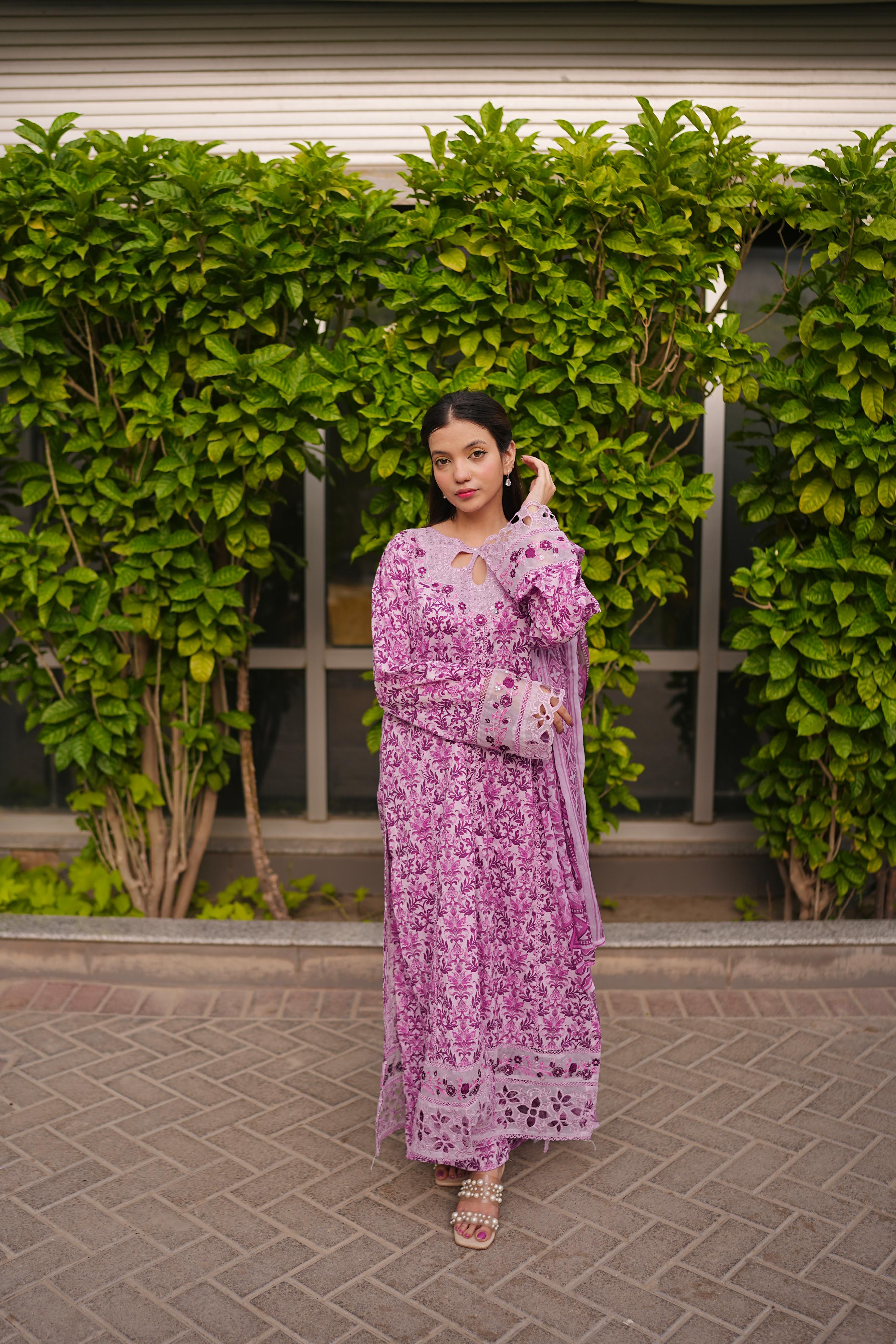 Purple Embroidered Lawn 3Pc Suit with Embroidered Cutwork Detailing & Chiffon Dupatta