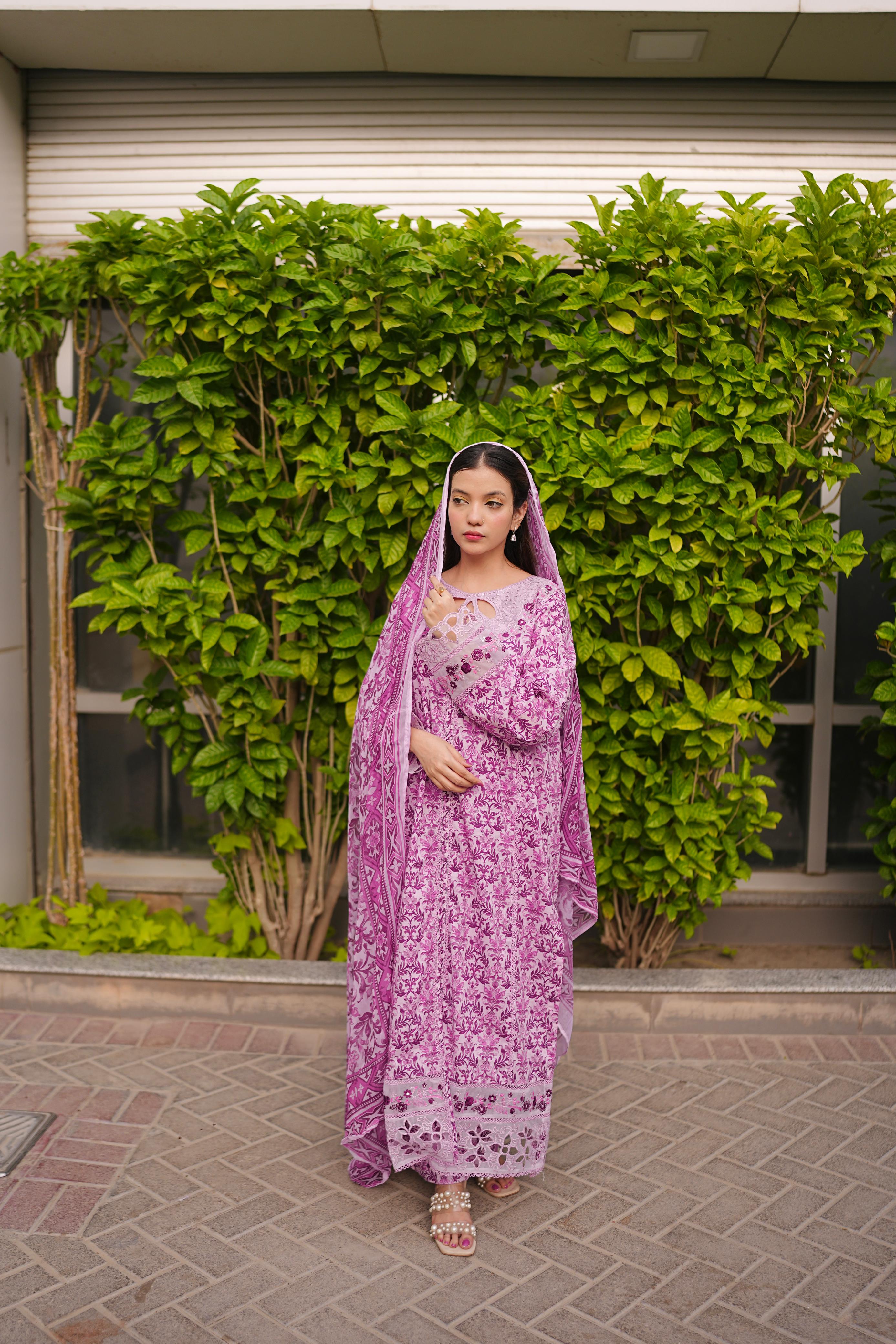 Purple Embroidered Lawn 3Pc Suit with Embroidered Cutwork Detailing & Chiffon Dupatta