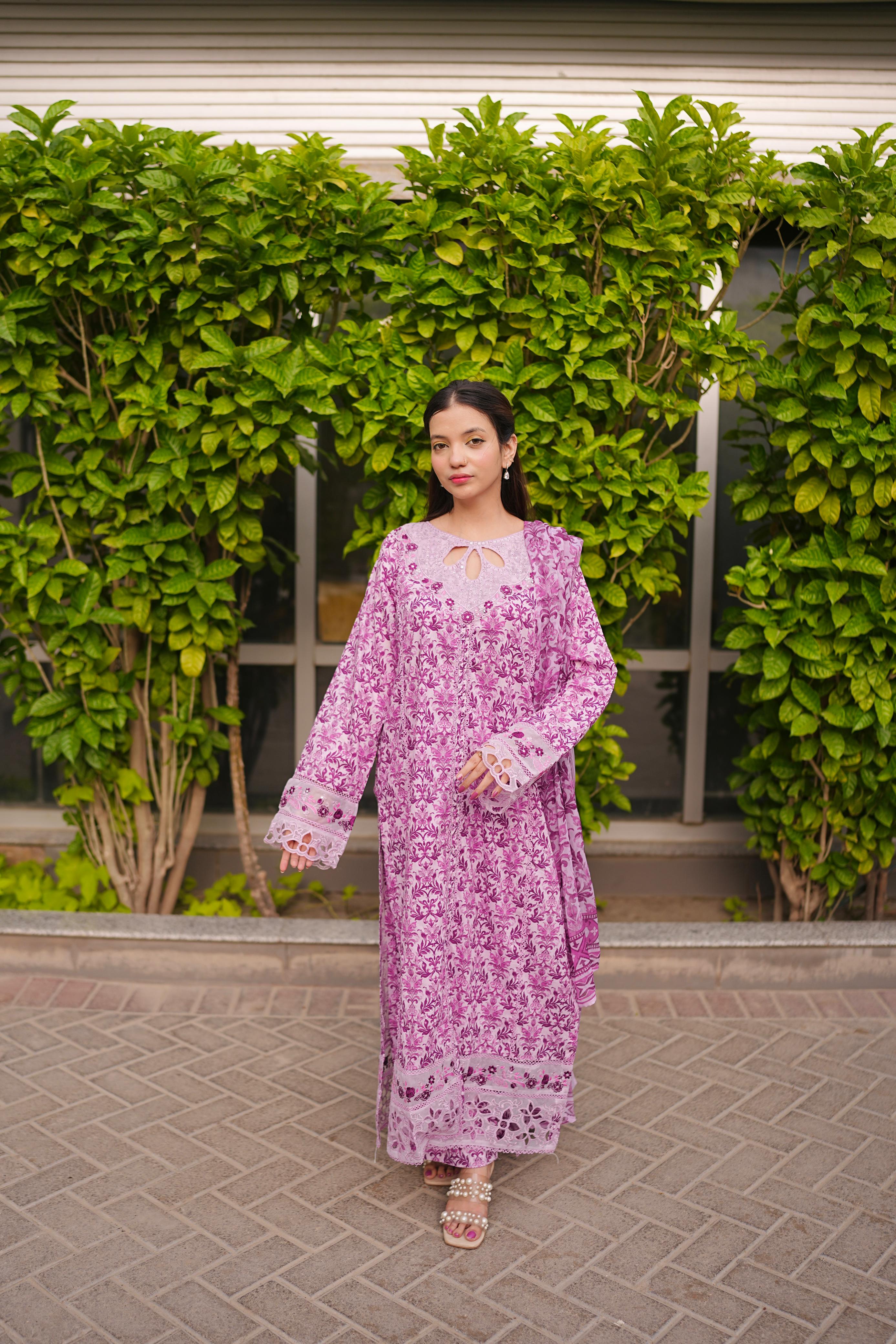 Purple Embroidered Lawn 3Pc Suit with Embroidered Cutwork Detailing & Chiffon Dupatta