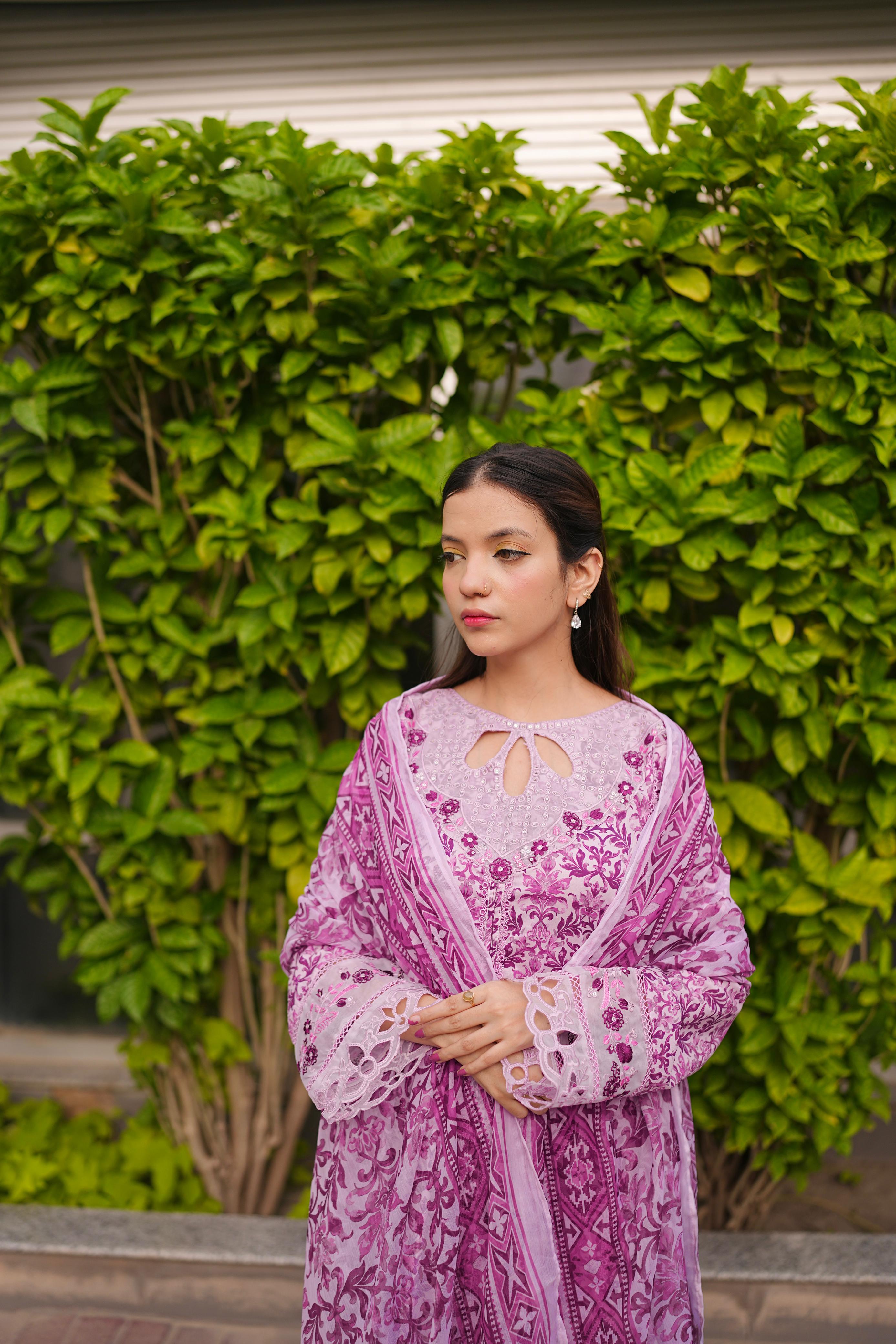 Purple Embroidered Lawn 3Pc Suit with Embroidered Cutwork Detailing & Chiffon Dupatta