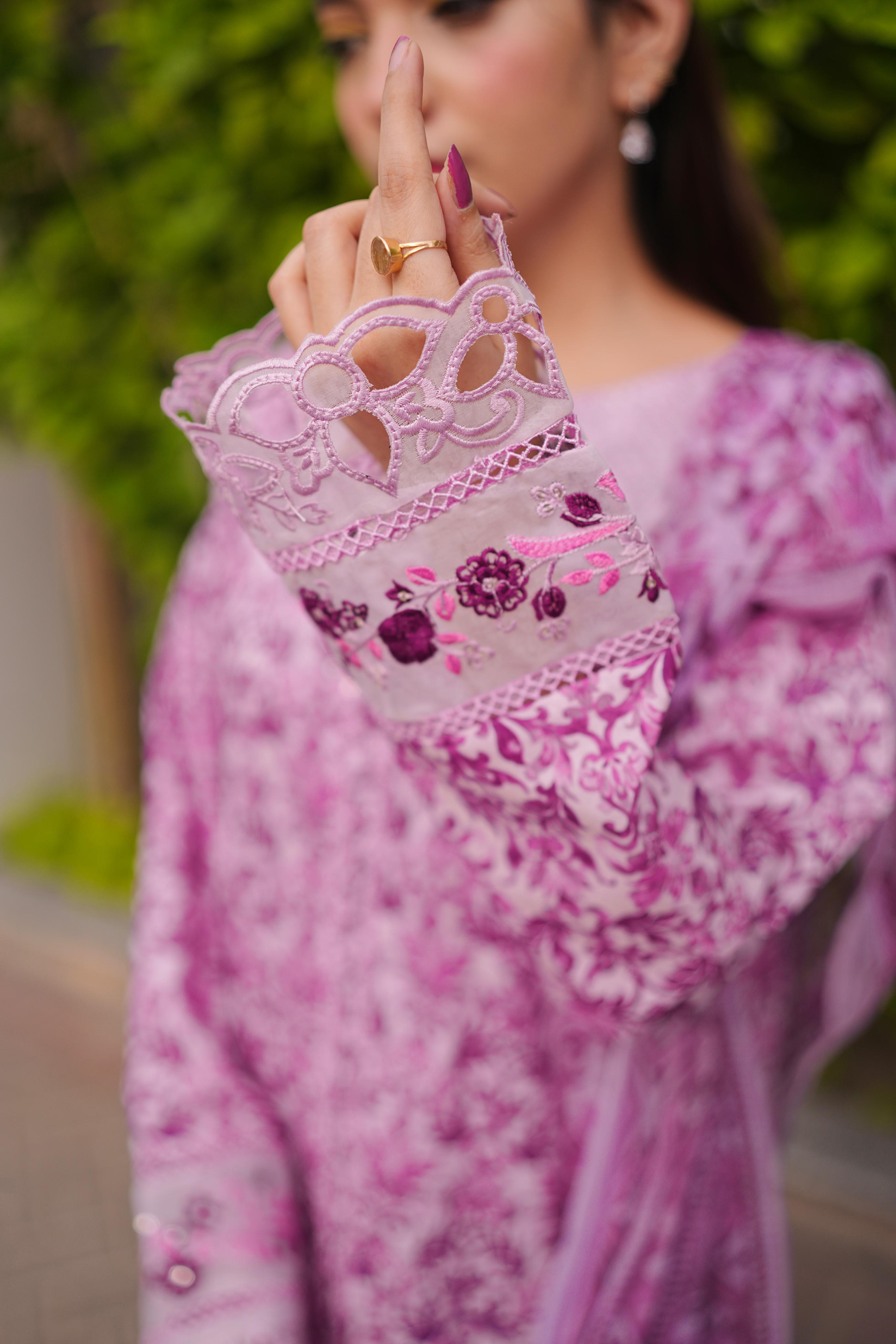 Purple Embroidered Lawn 3Pc Suit with Embroidered Cutwork Detailing & Chiffon Dupatta