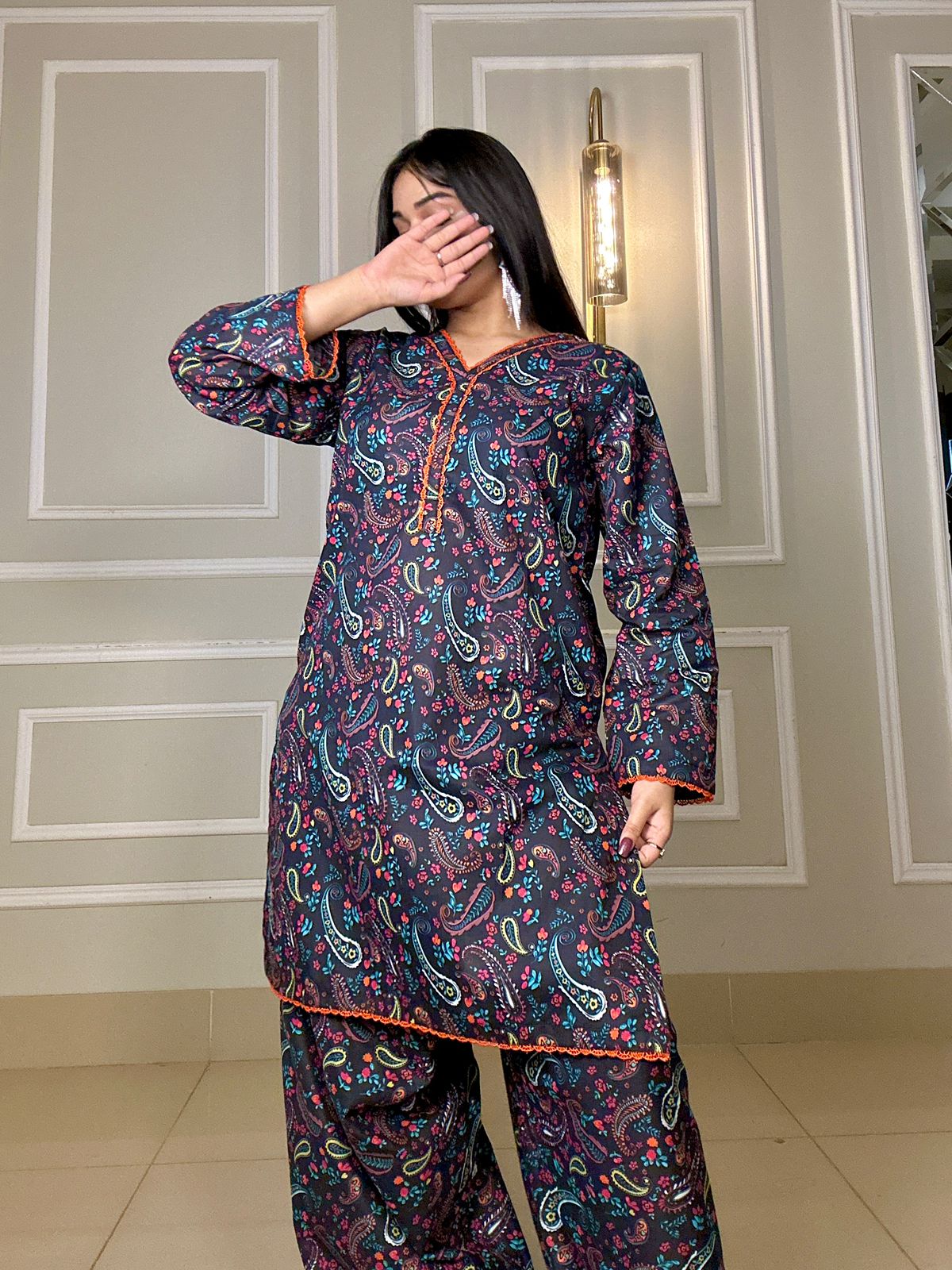 Casual Printed Lawn 2Pc with Detailed Work Sleeves, Border & Farshi Shalwar