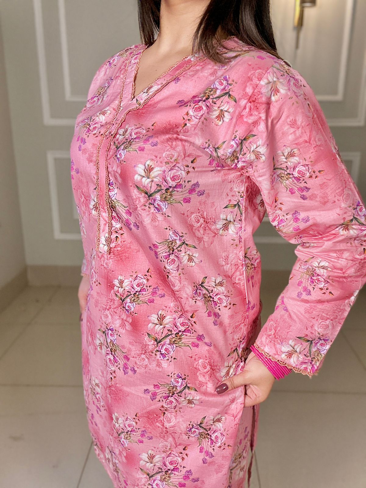 Blush Pink Floral Lawn 2Pc with Farshi Shalwar & Embellished Neckline