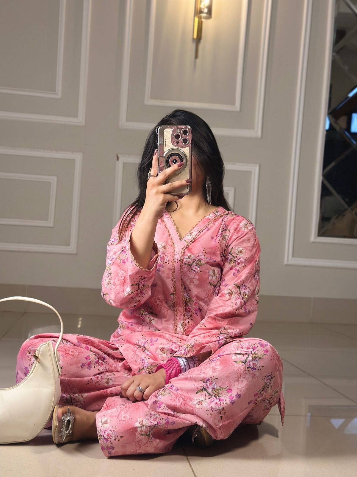 Blush Pink Floral Lawn 2Pc with Farshi Shalwar & Embellished Neckline