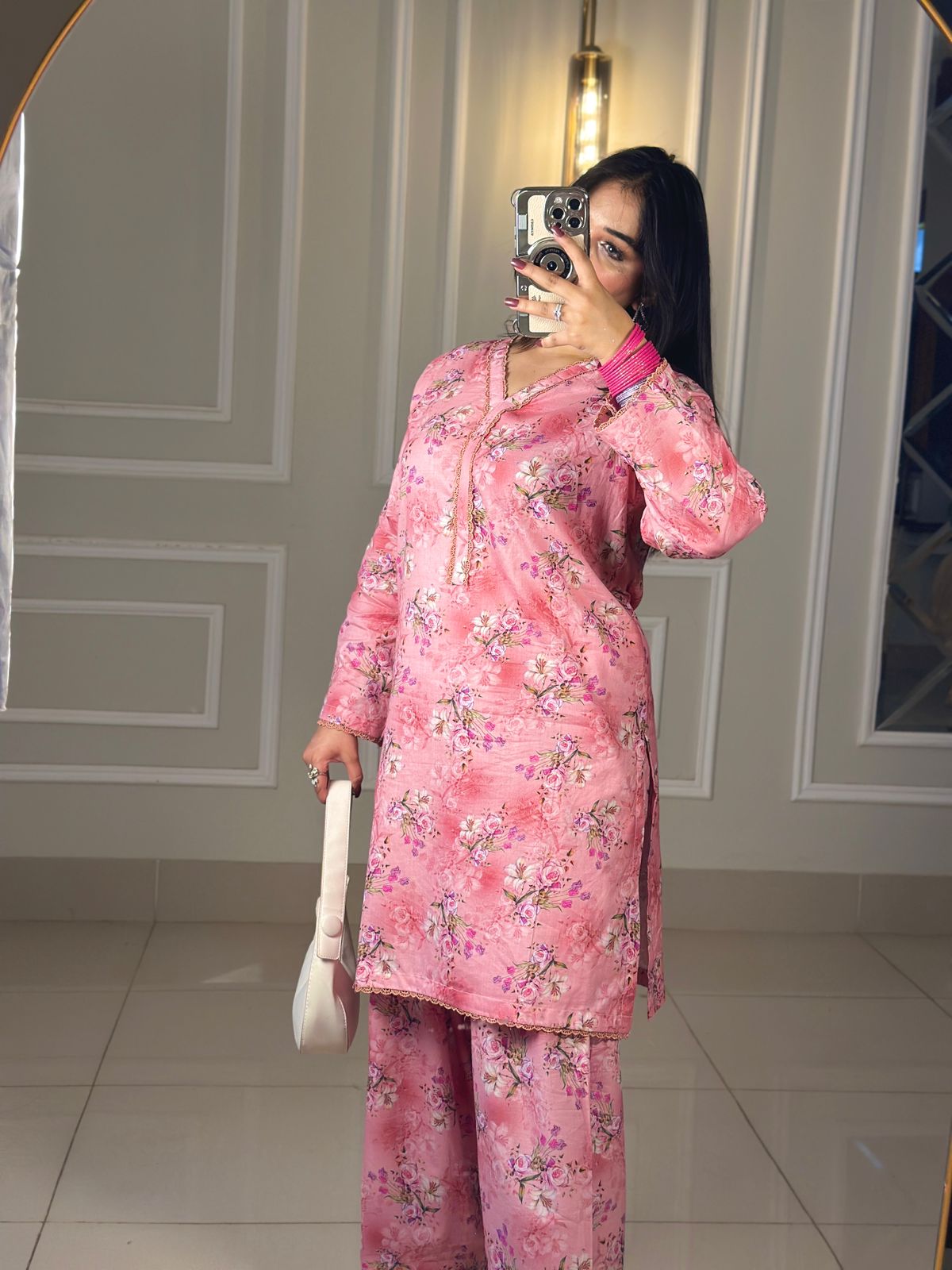 Blush Pink Floral Lawn 2Pc with Farshi Shalwar & Embellished Neckline