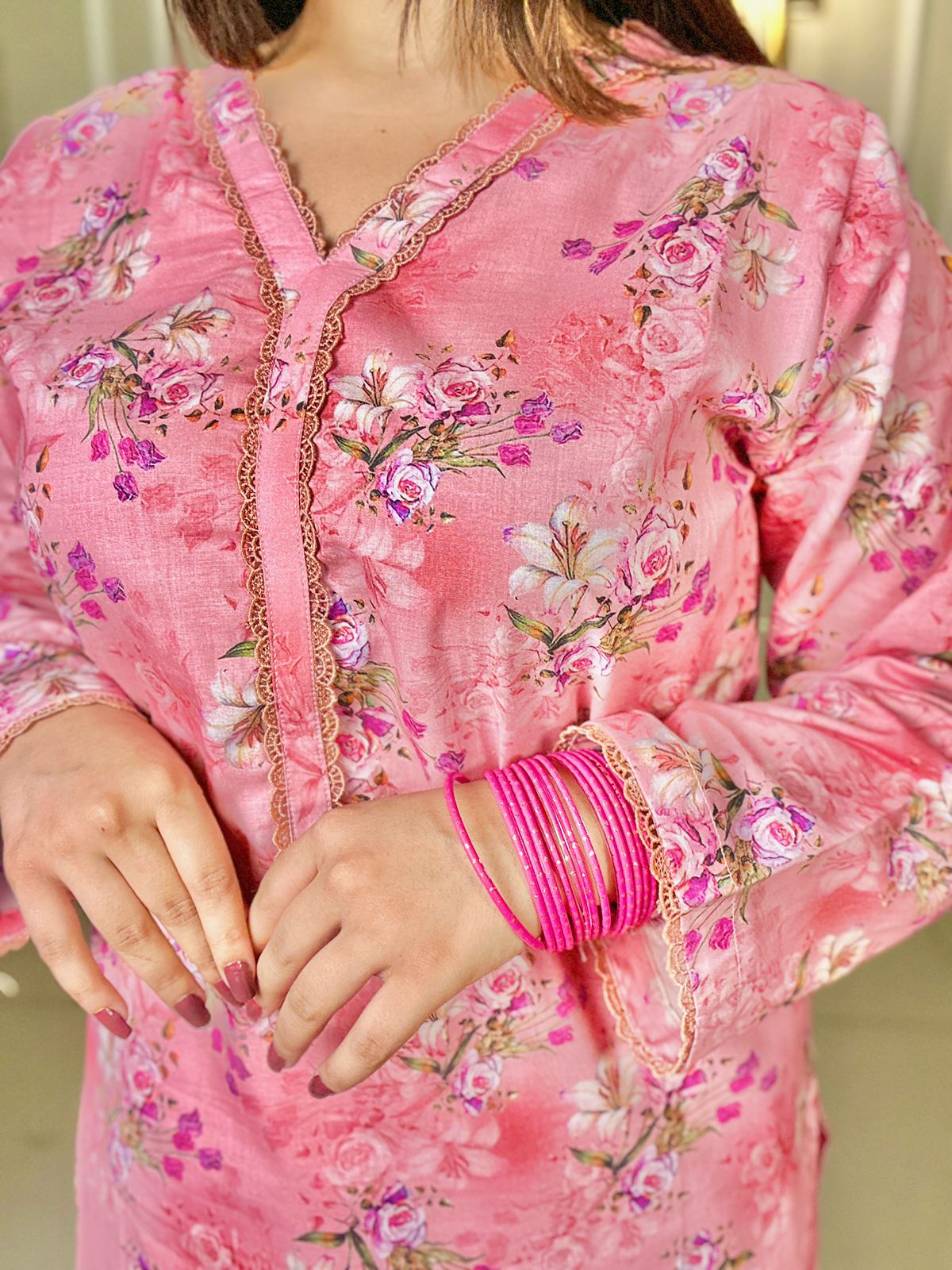 Blush Pink Floral Lawn 2Pc with Farshi Shalwar & Embellished Neckline