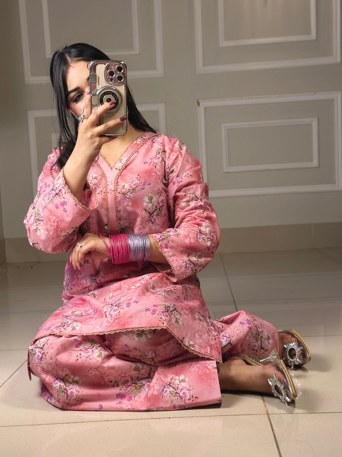 Blush Pink Floral Lawn 2Pc with Farshi Shalwar & Embellished Neckline