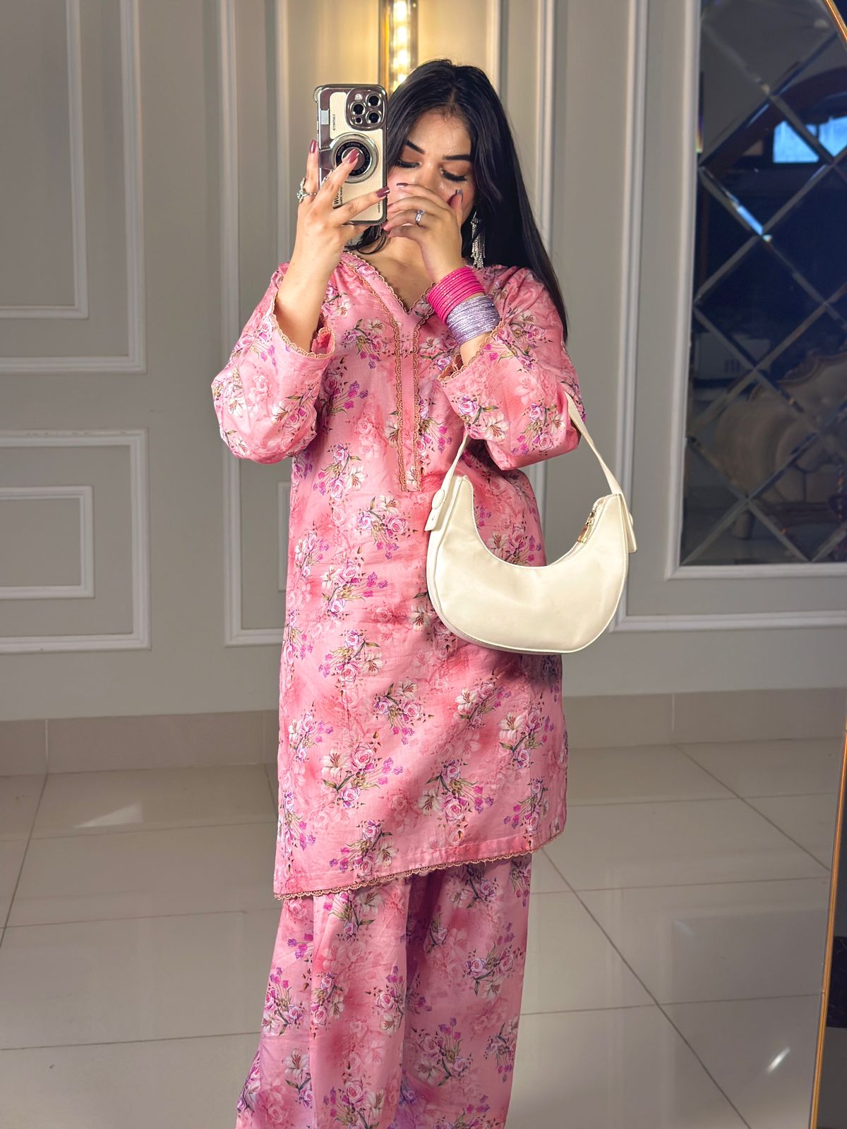 Blush Pink Floral Lawn 2Pc with Farshi Shalwar & Embellished Neckline