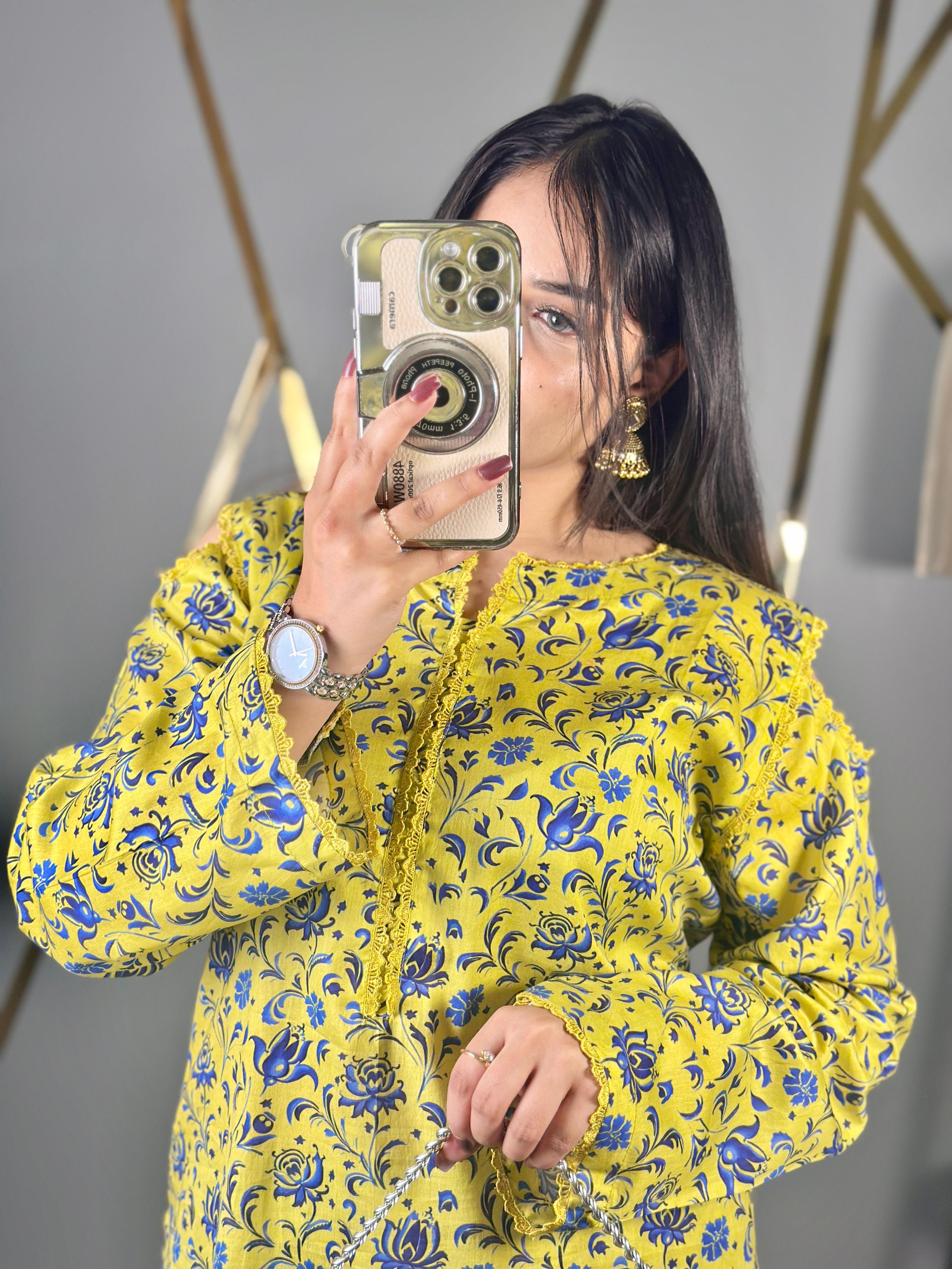 Long Shirt Printed Lawn 2Pc with Detailed Neck & Loose Fit Palazzo