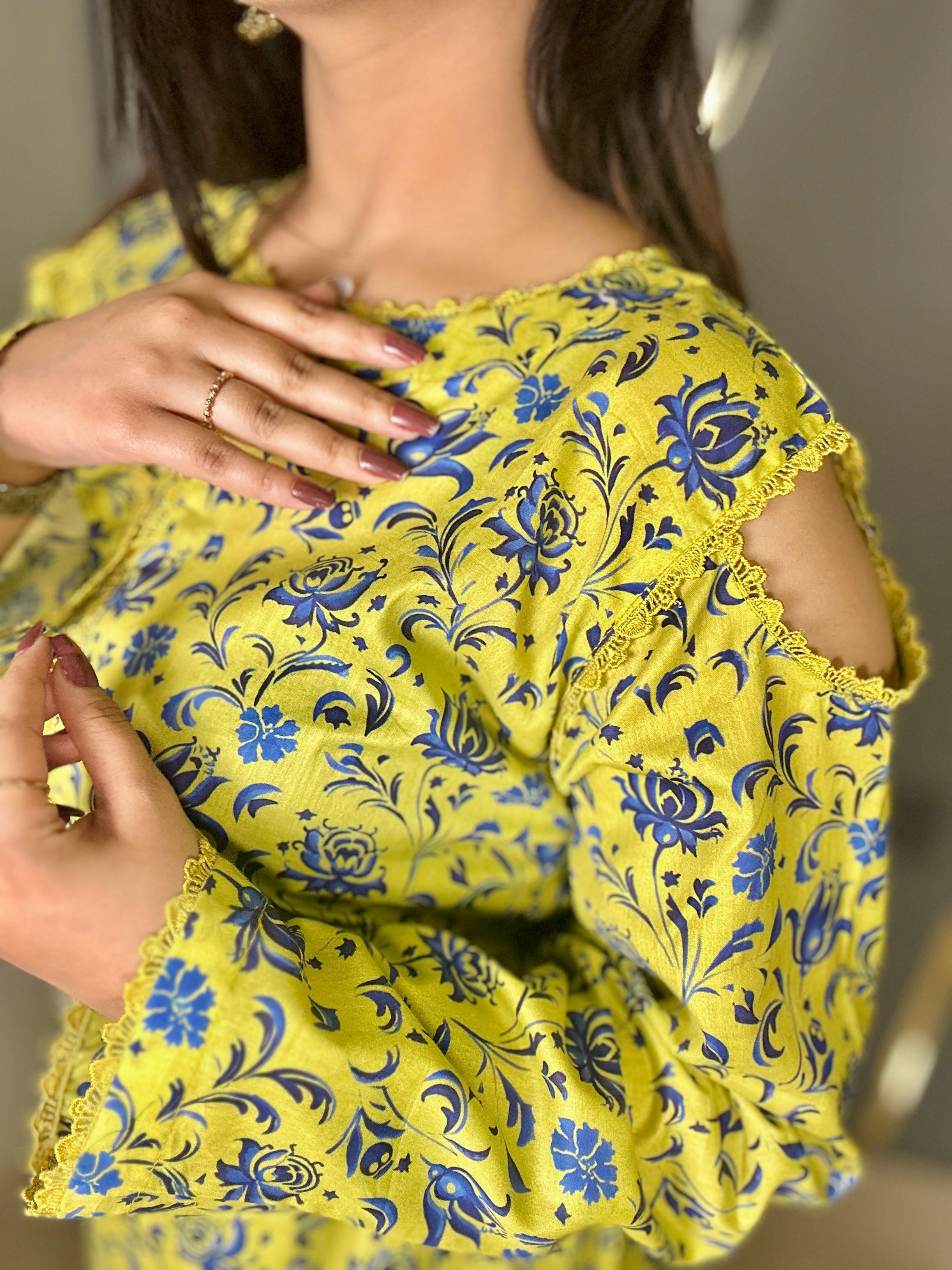 Long Shirt Printed Lawn 2Pc with Detailed Neck & Loose Fit Palazzo