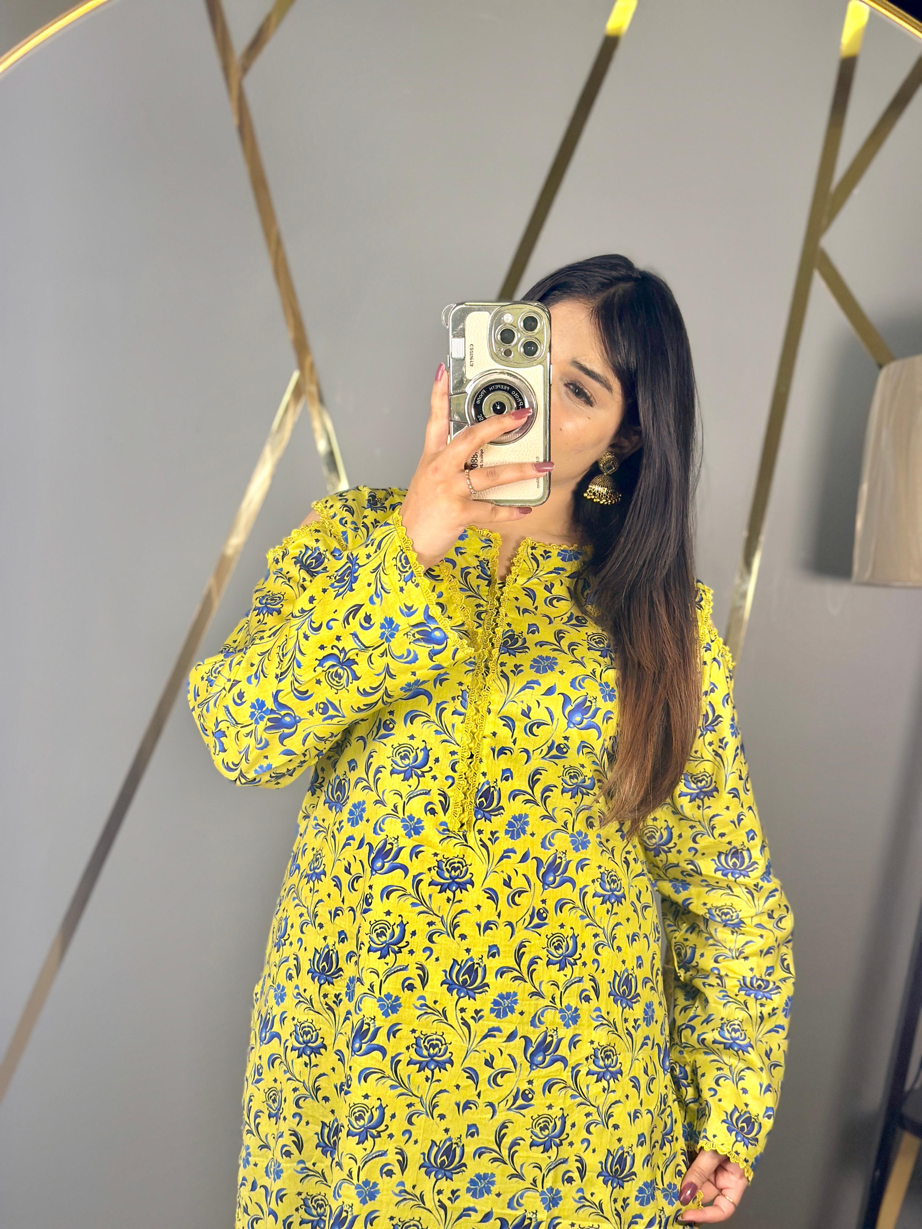 Long Shirt Printed Lawn 2Pc with Detailed Neck & Loose Fit Palazzo