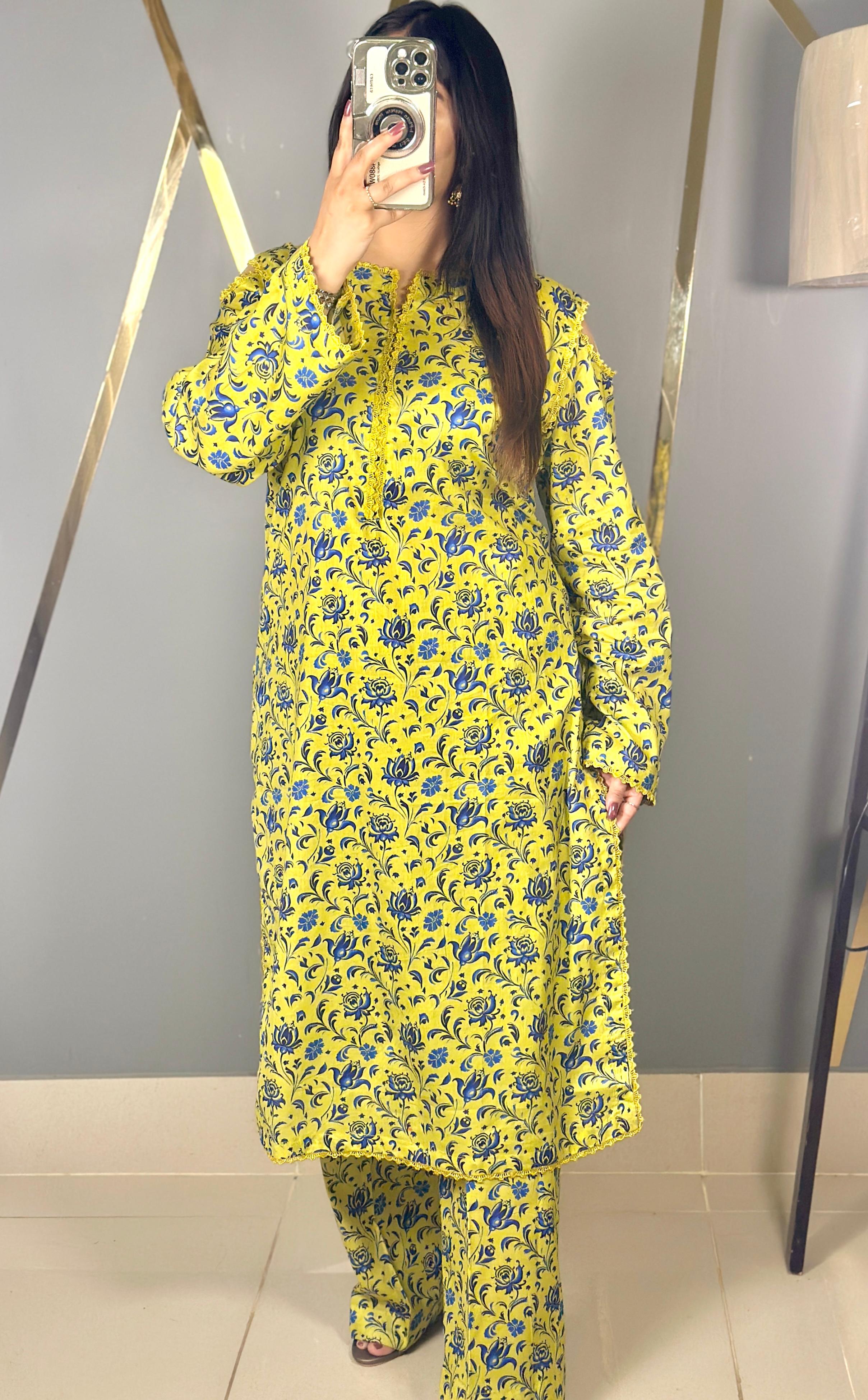 Long Shirt Printed Lawn 2Pc with Detailed Neck & Loose Fit Palazzo