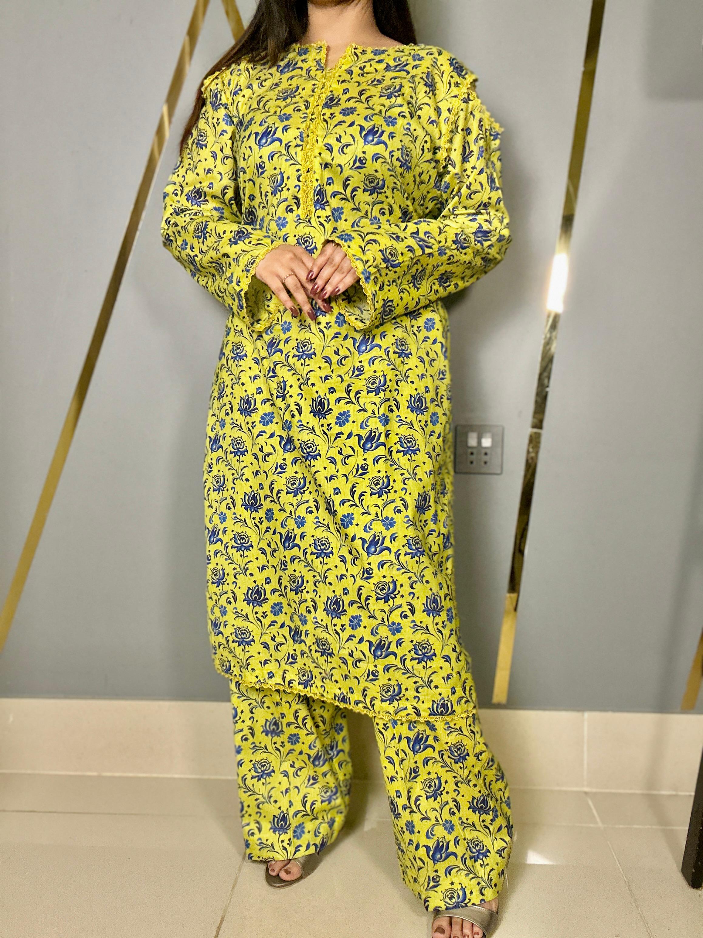 Long Shirt Printed Lawn 2Pc with Detailed Neck & Loose Fit Palazzo