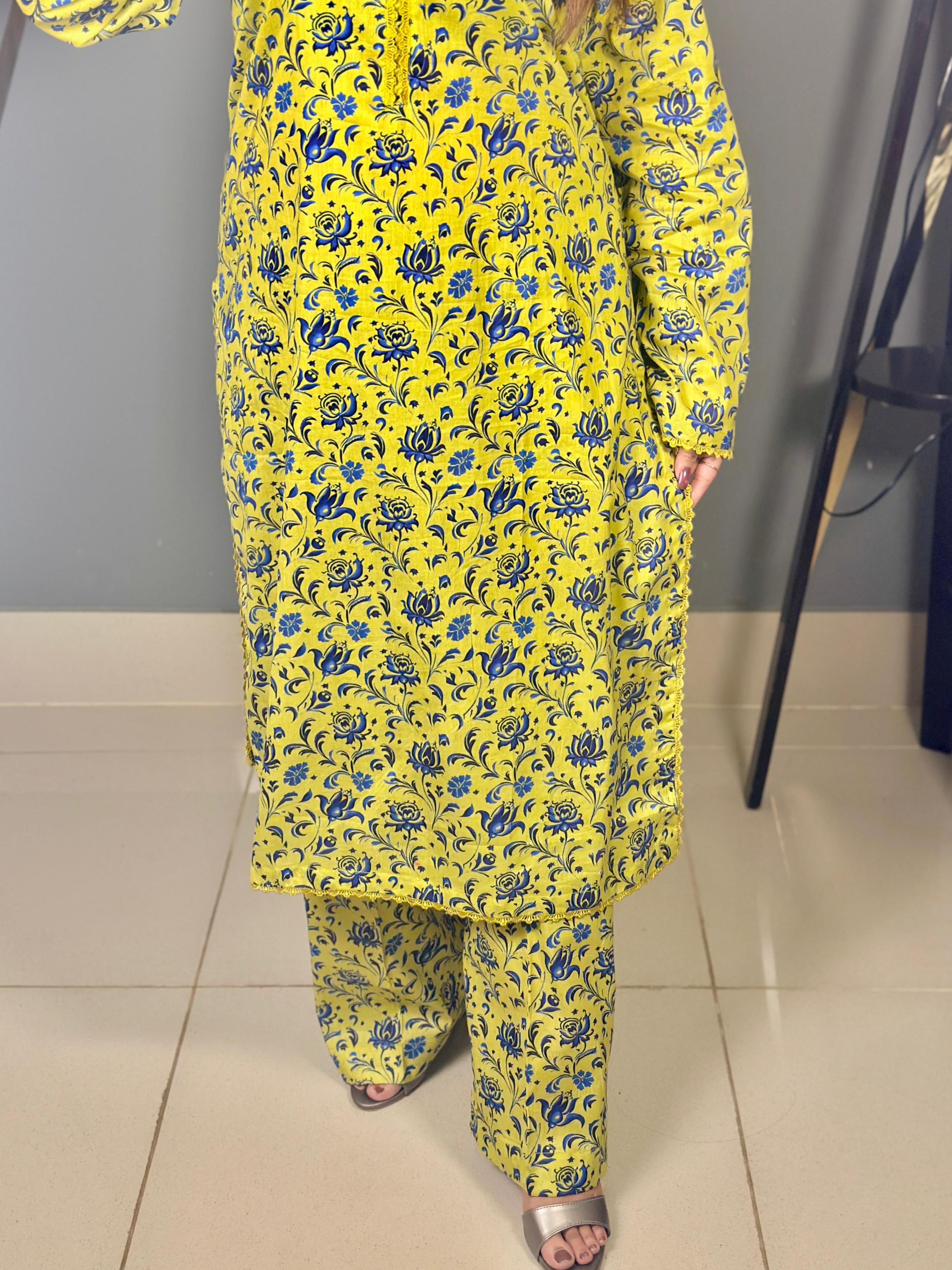 Long Shirt Printed Lawn 2Pc with Detailed Neck & Loose Fit Palazzo