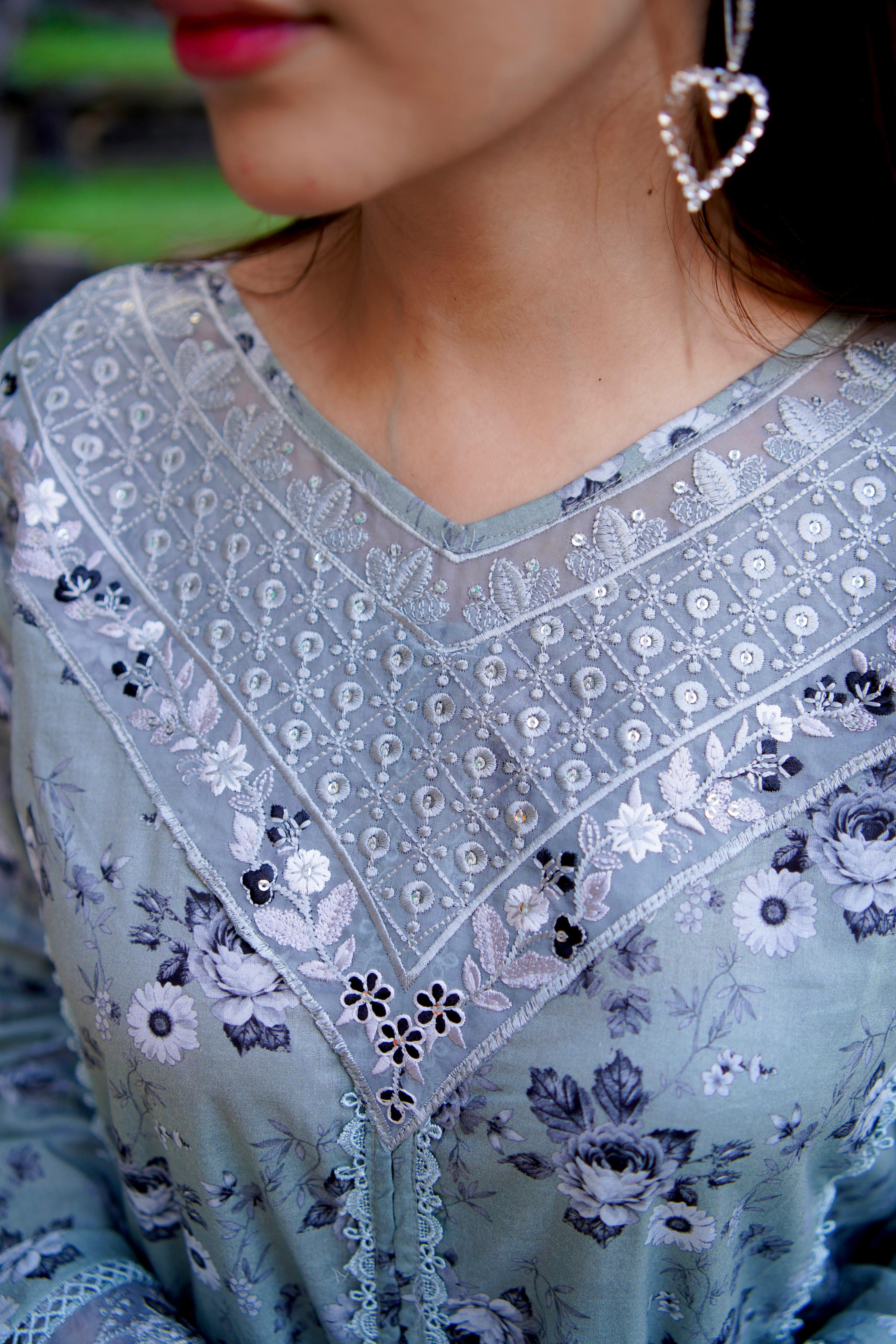 Embroidered Grey Lawn 3Pc with Cutwork Sleeves, Borders & Printed Chiffon Dupatta