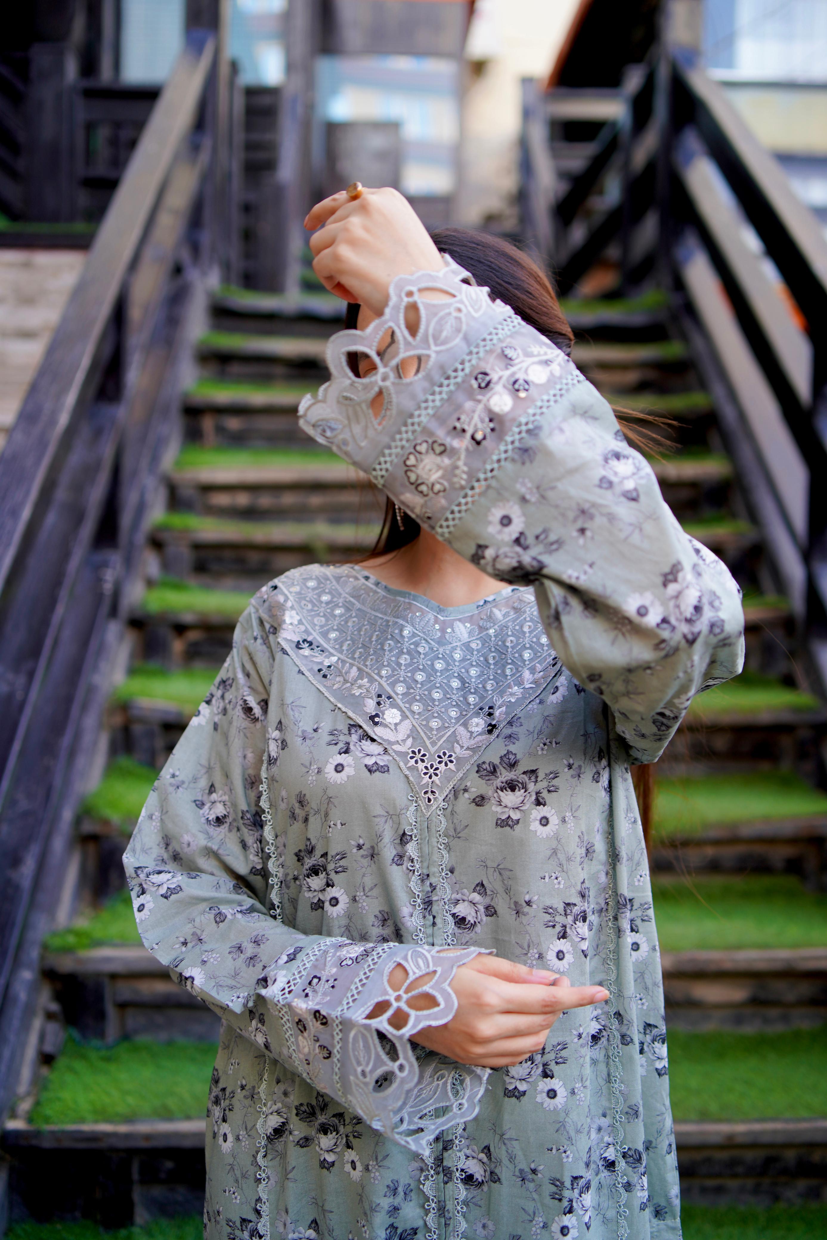 Embroidered Grey Lawn 3Pc with Cutwork Sleeves, Borders & Printed Chiffon Dupatta