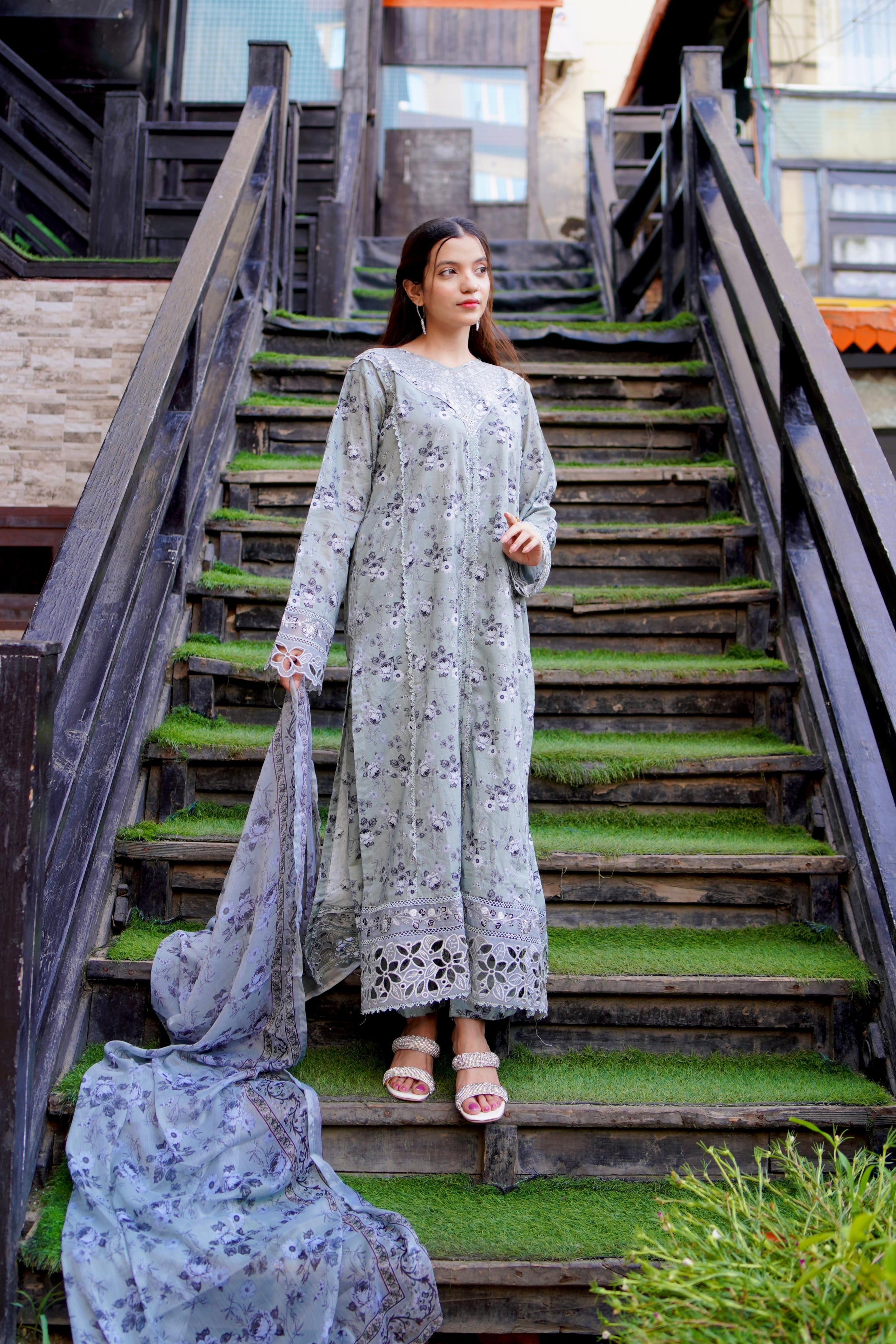 Embroidered Grey Lawn 3Pc with Cutwork Sleeves, Borders & Printed Chiffon Dupatta