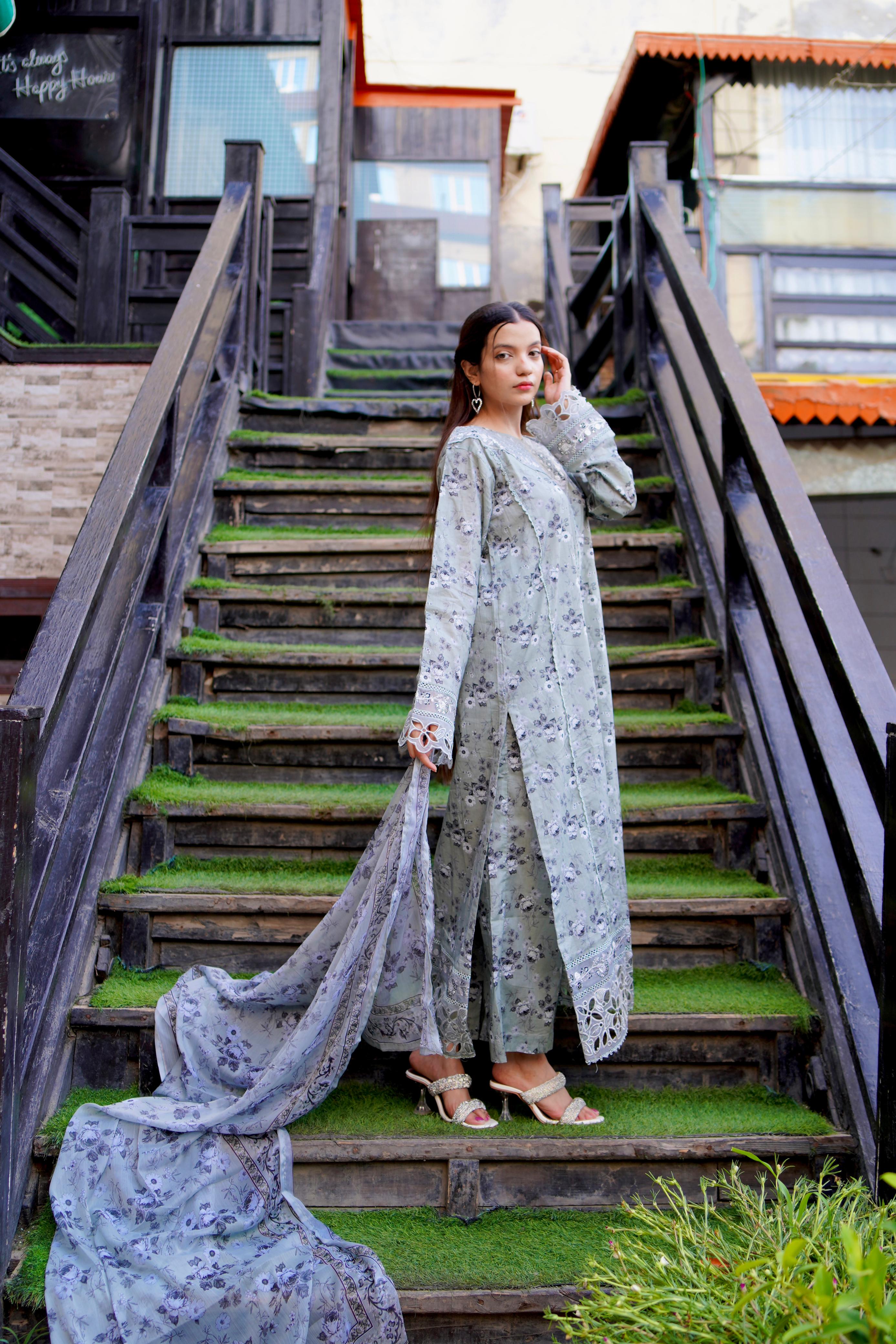 Embroidered Grey Lawn 3Pc with Cutwork Sleeves, Borders & Printed Chiffon Dupatta