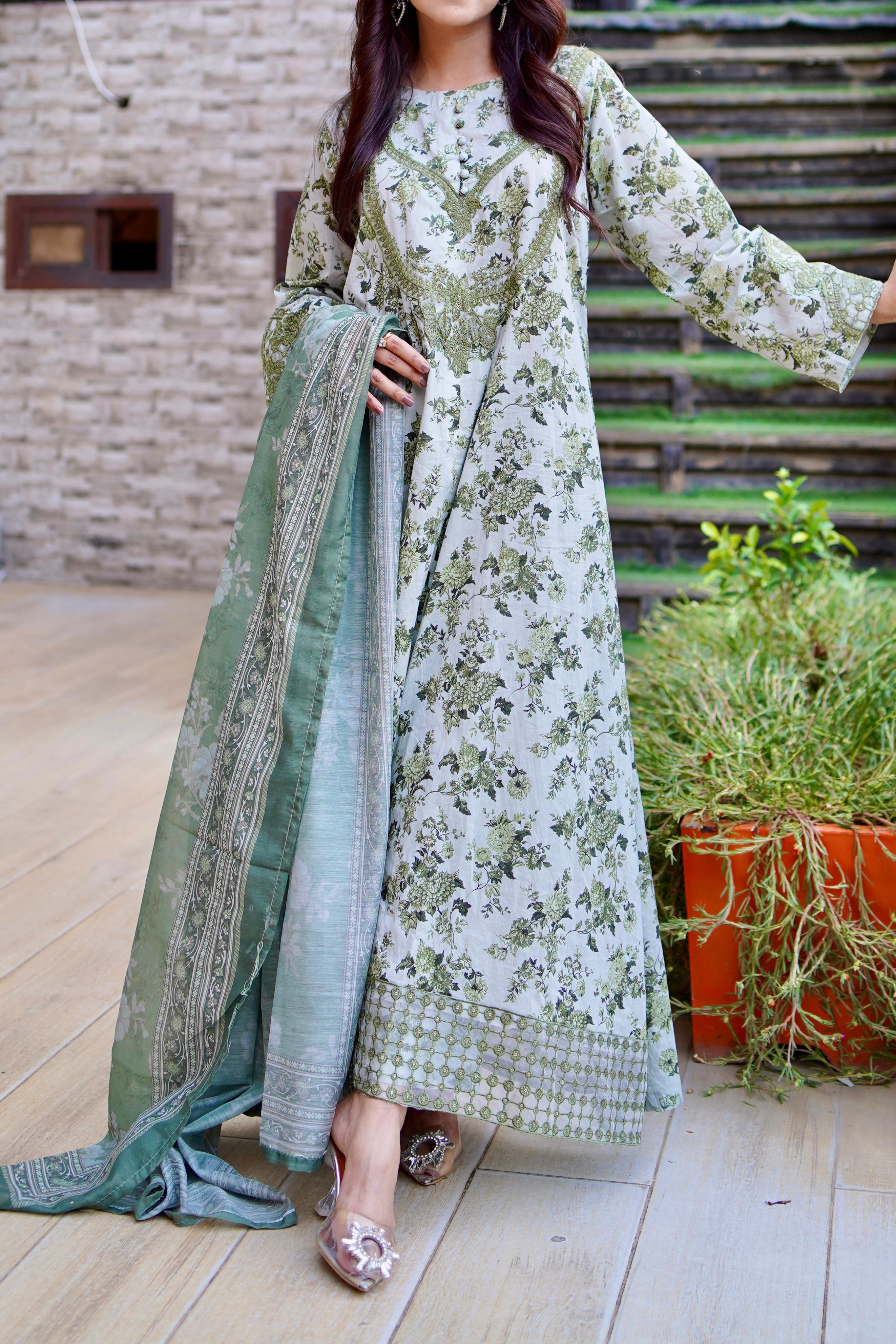 Green Embroidered Lawn Long Frock 3Pc with Loose Fit Trouser & Printed Manaar Dupatta