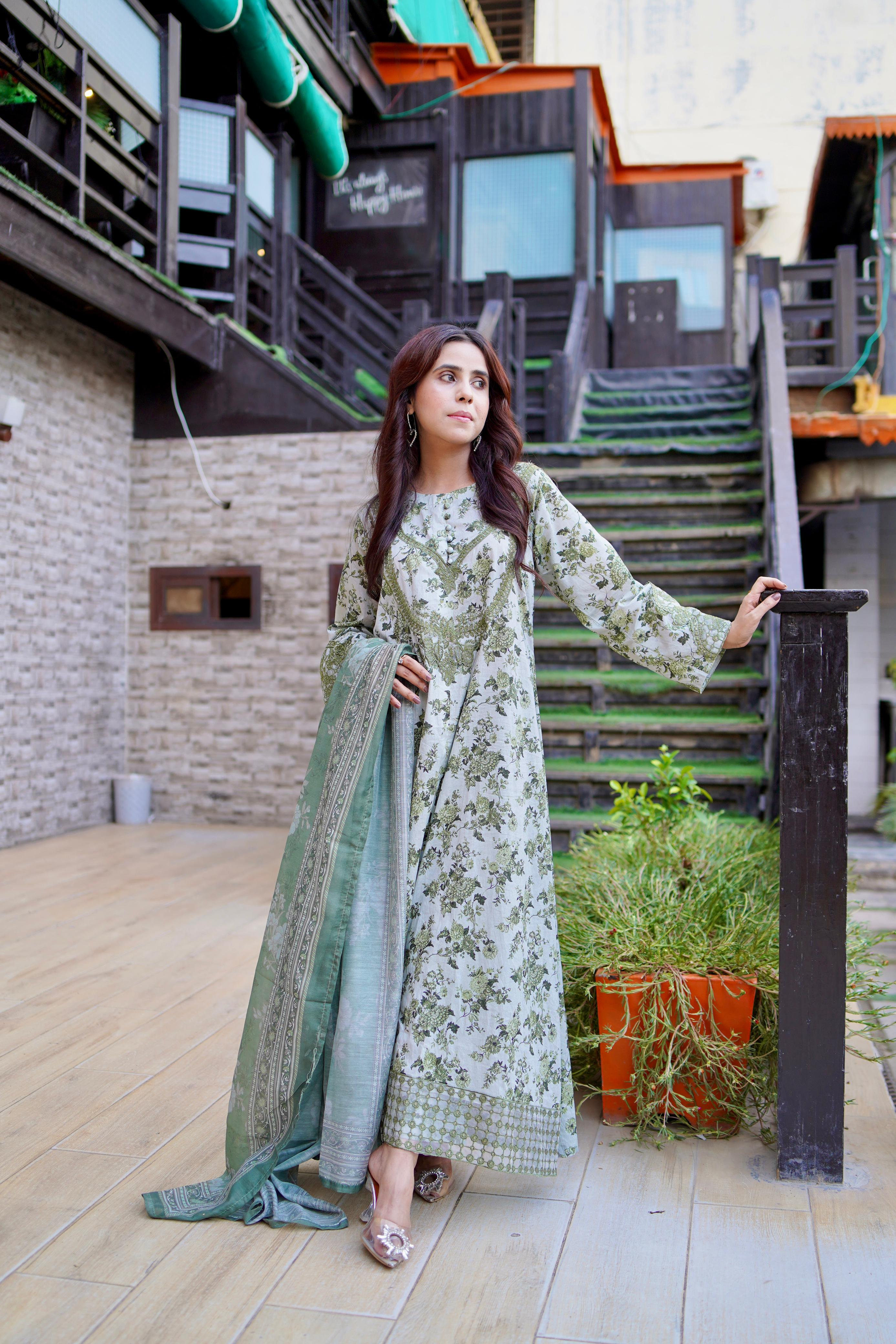 Green Embroidered Lawn Long Frock 3Pc with Loose Fit Trouser & Printed Manaar Dupatta