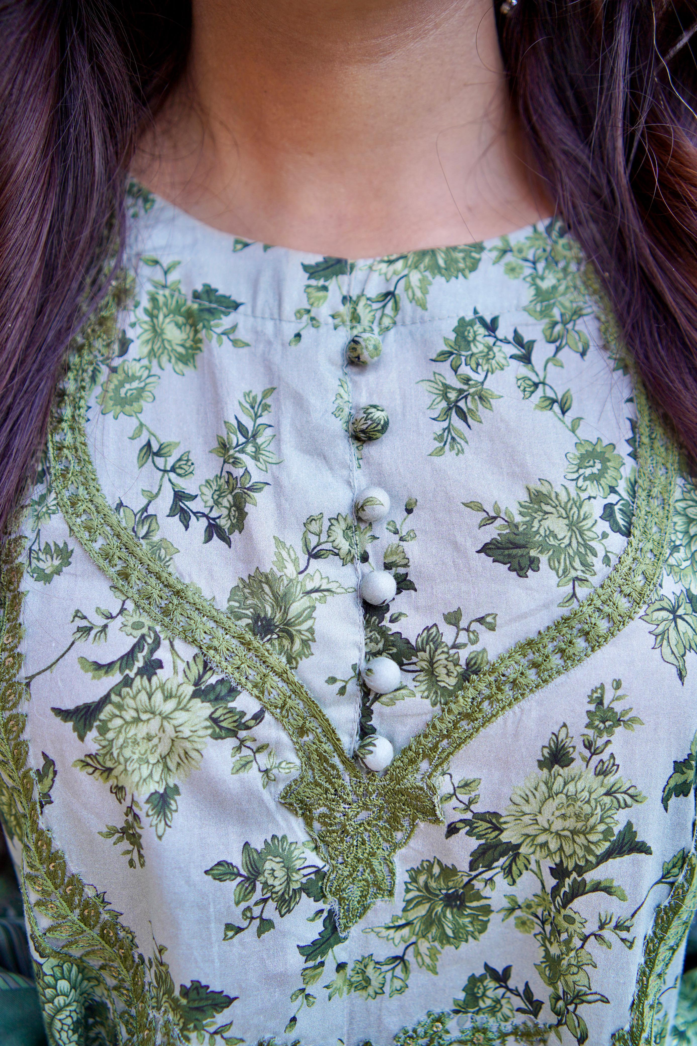 Green Embroidered Lawn Long Frock 3Pc with Loose Fit Trouser & Printed Manaar Dupatta