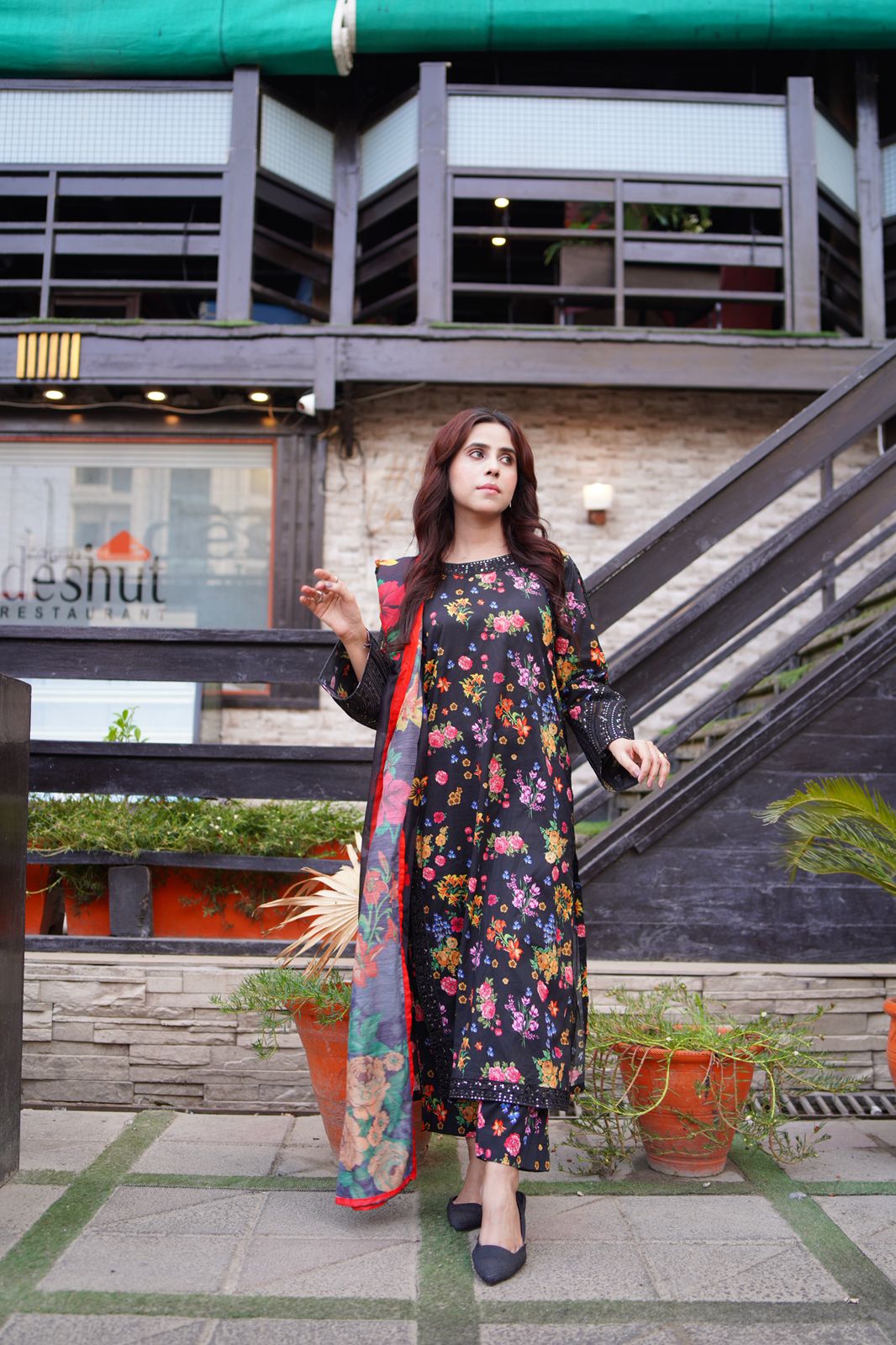 Embroidered Lawn Suit with Printed Manaar Dupatta