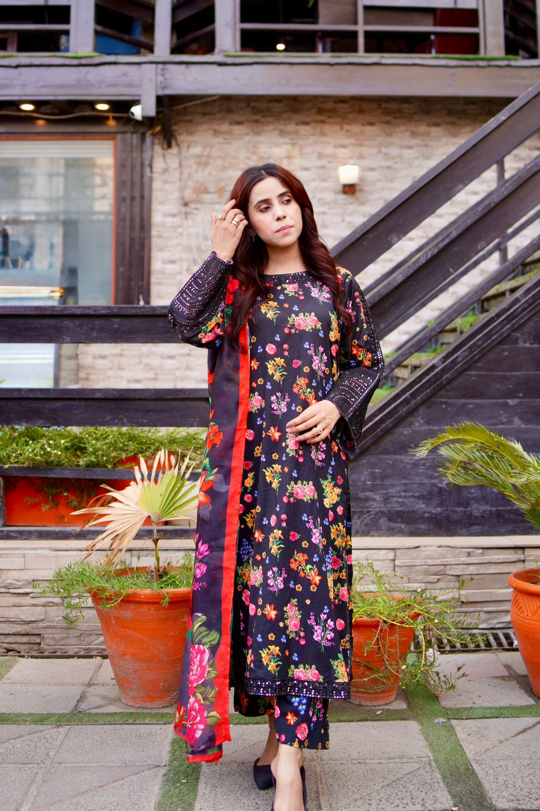 Embroidered Lawn Suit with Printed Manaar Dupatta
