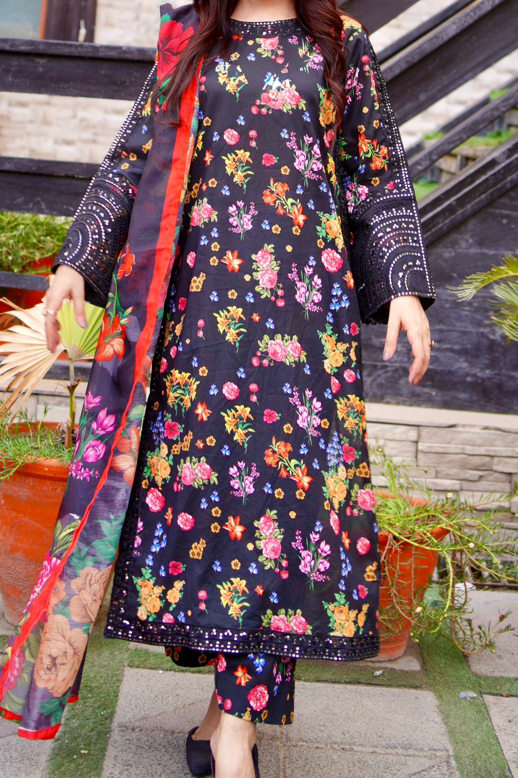 Embroidered Lawn Suit with Printed Manaar Dupatta