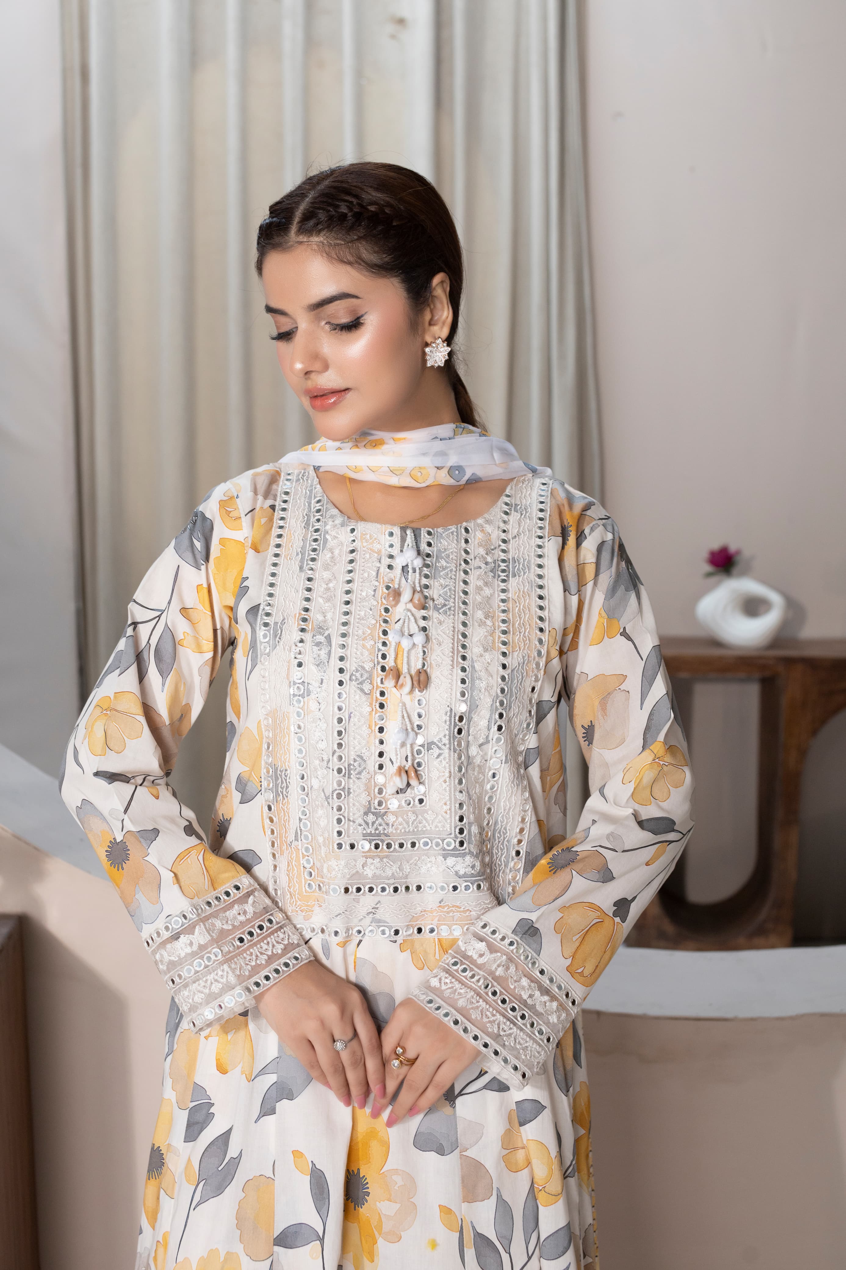 Light Yellow Embroidered Long Frock 3PC with Loose Fit Trouser & Chiffon Printed Dupatta