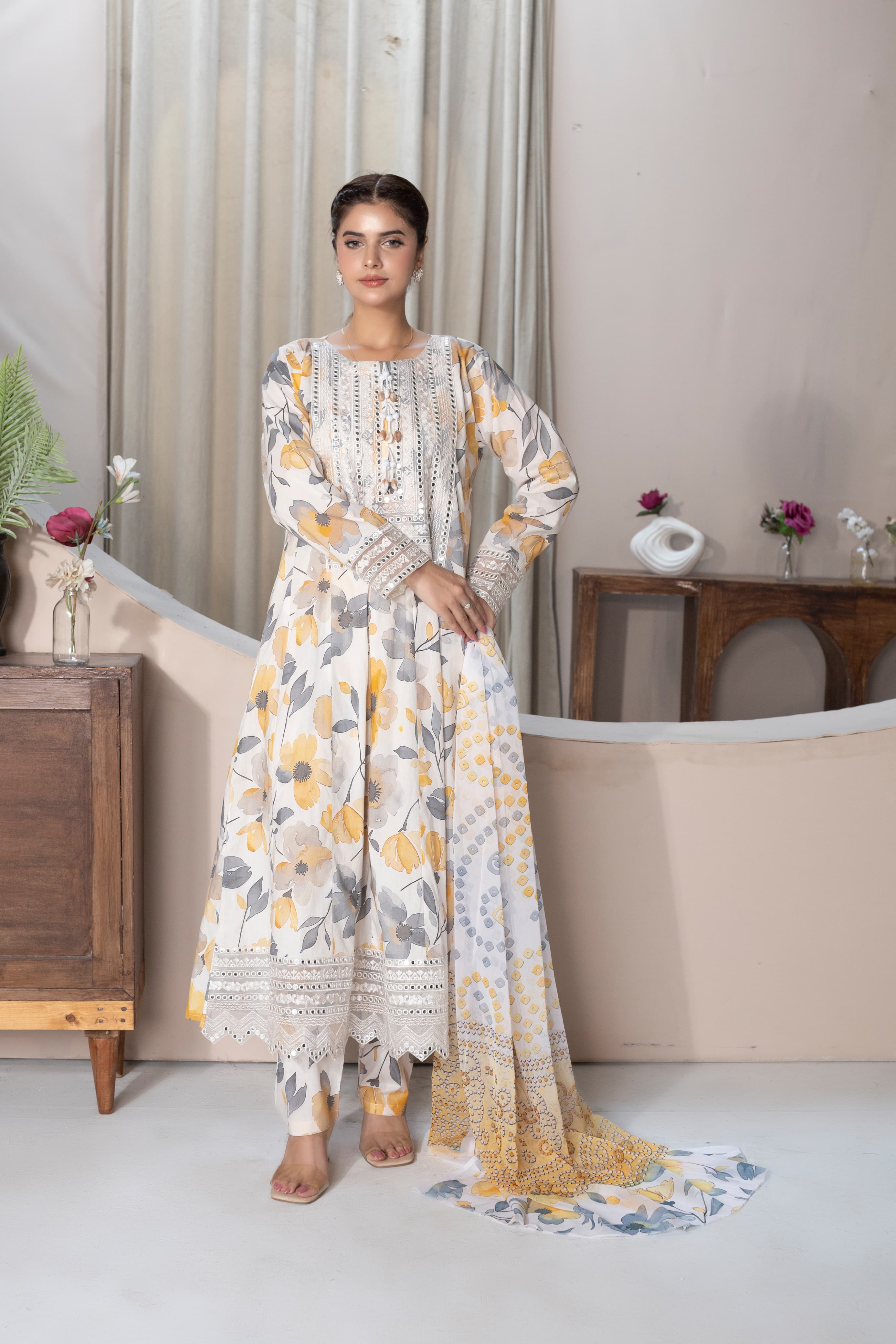 Light Yellow Embroidered Long Frock 3PC with Loose Fit Trouser & Chiffon Printed Dupatta
