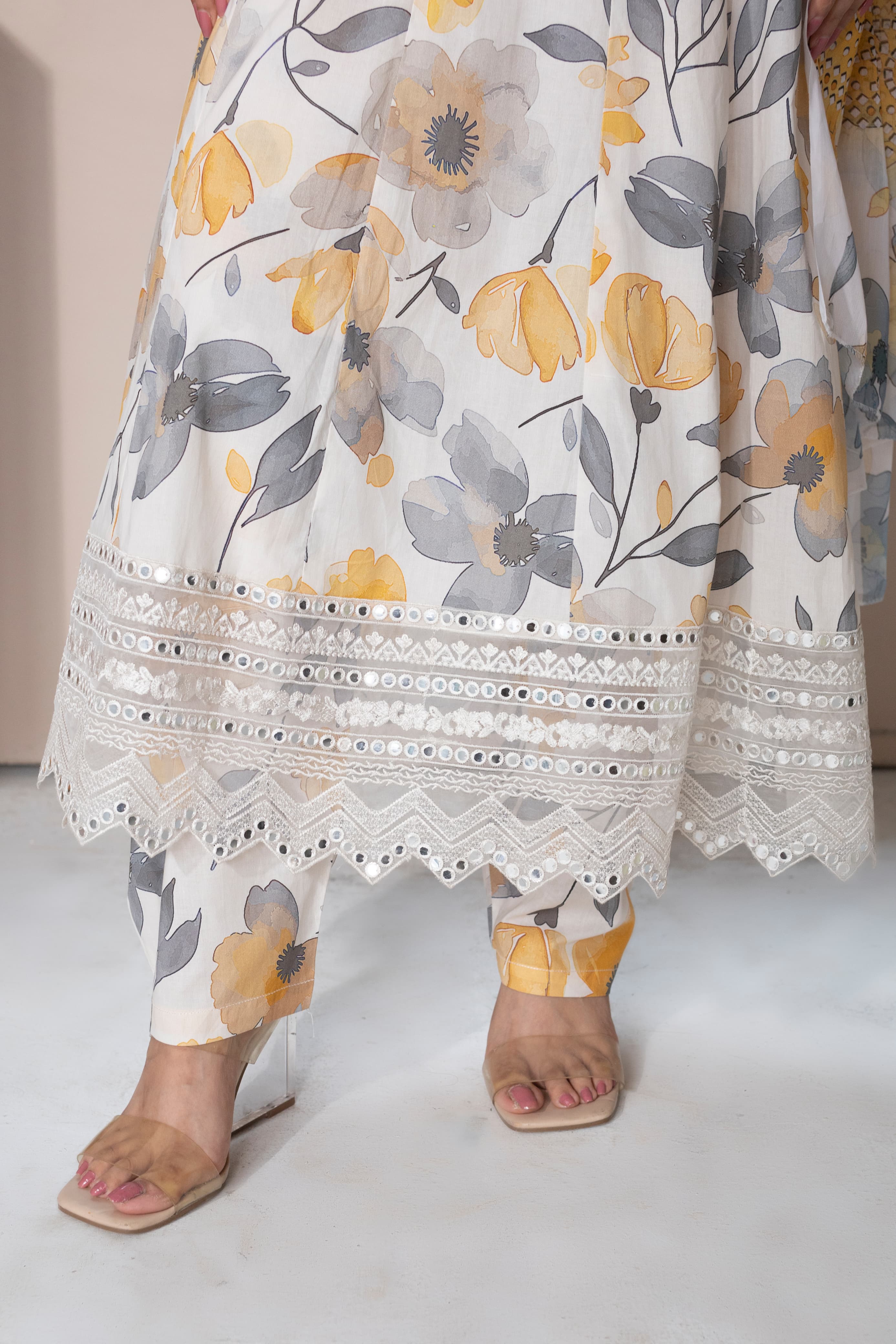 Light Yellow Embroidered Long Frock 3PC with Loose Fit Trouser & Chiffon Printed Dupatta