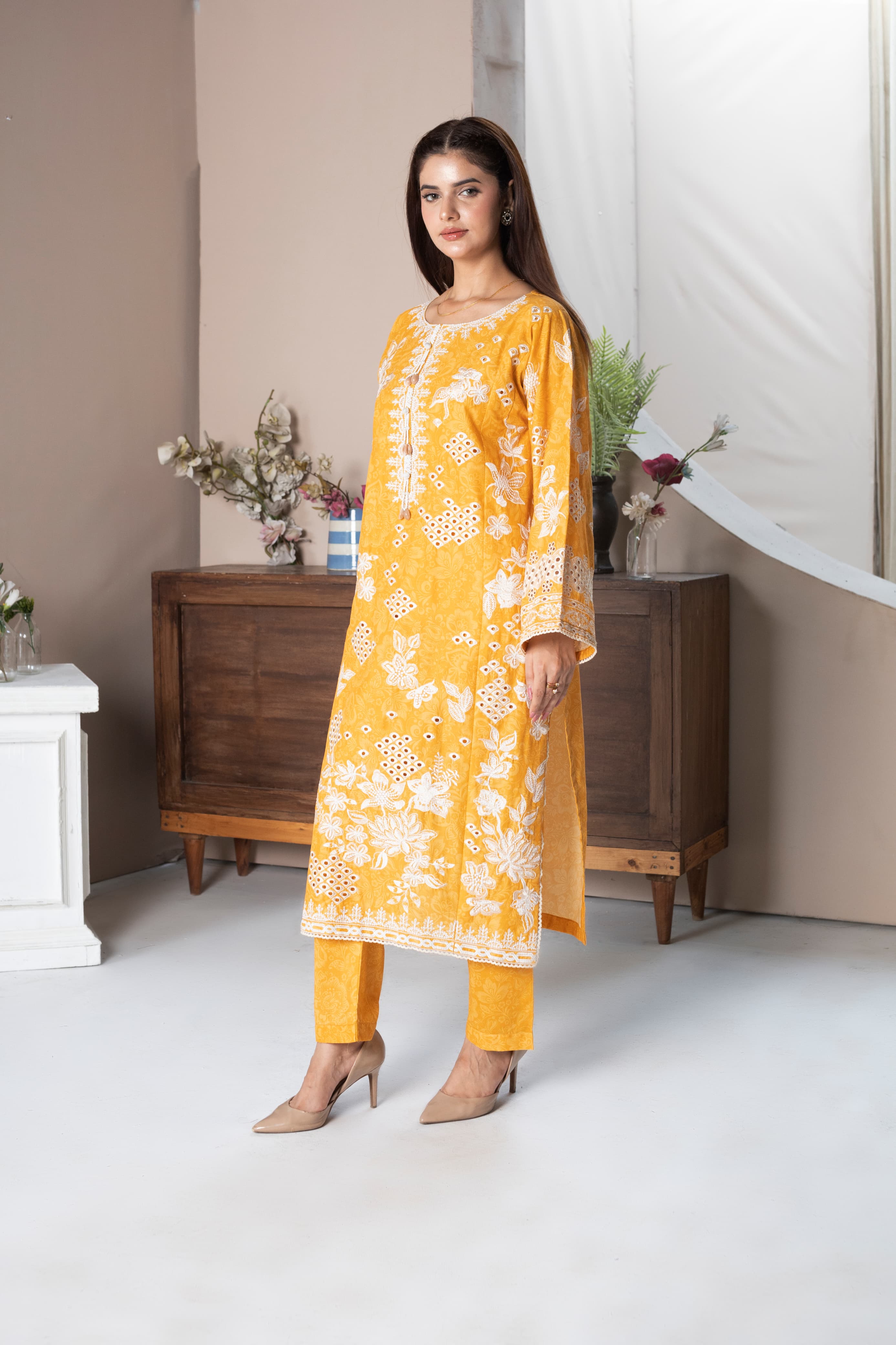 Mustard Yellow Embroidered Lawn 3Pc Suit with Chikankari Shirt, Sleeves & Soft Printed Dupatta