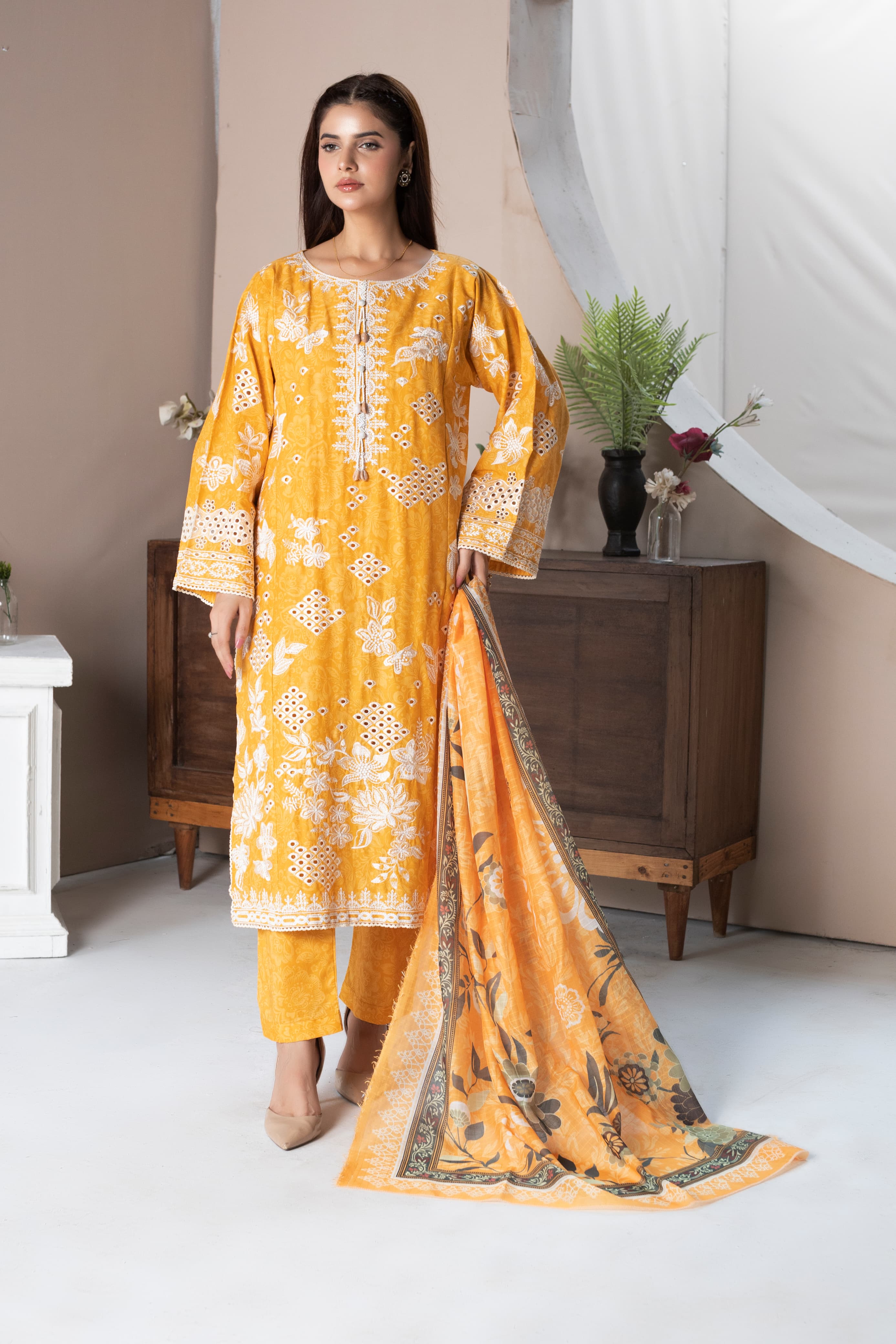 Mustard Yellow Embroidered Lawn 3Pc Suit with Chikankari Shirt, Sleeves & Soft Printed Dupatta