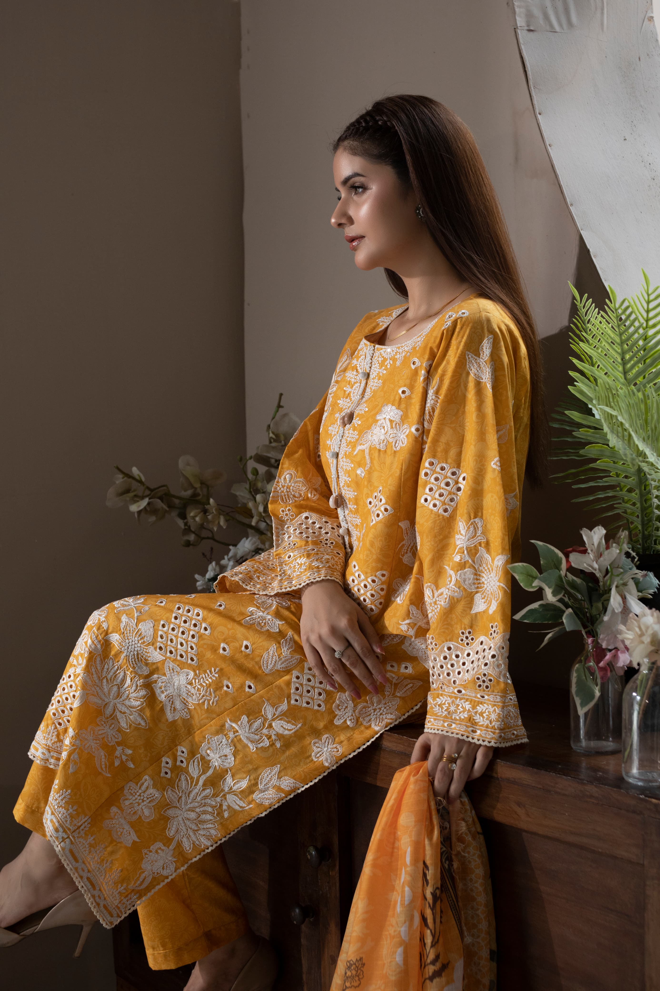 Mustard Yellow Embroidered Lawn 3Pc Suit with Chikankari Shirt, Sleeves & Soft Printed Dupatta