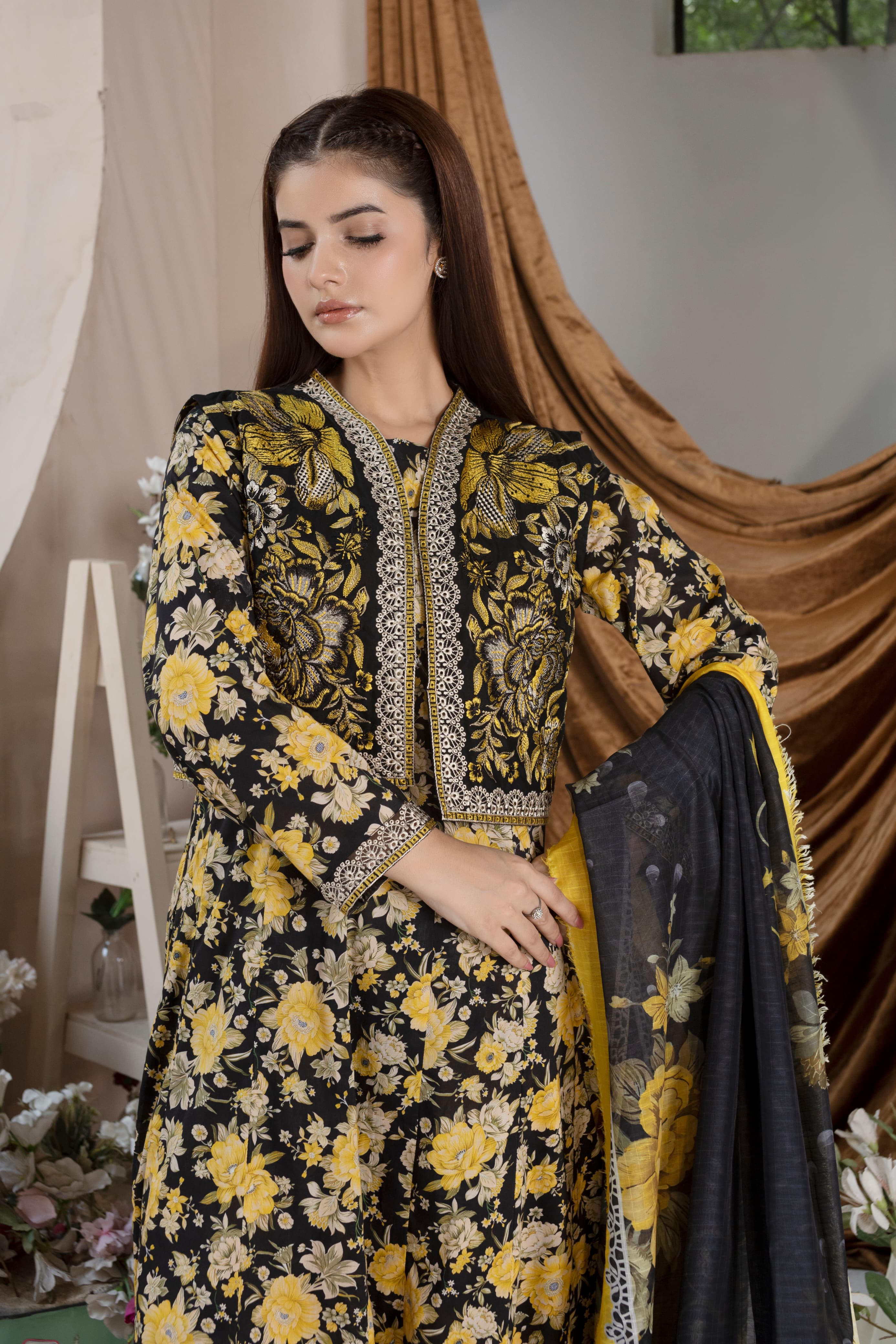 Black & Yellow Lawn Cotton Embroidered Long Frock 3Pc with Koti, Trouser & Manaar Dupatta
