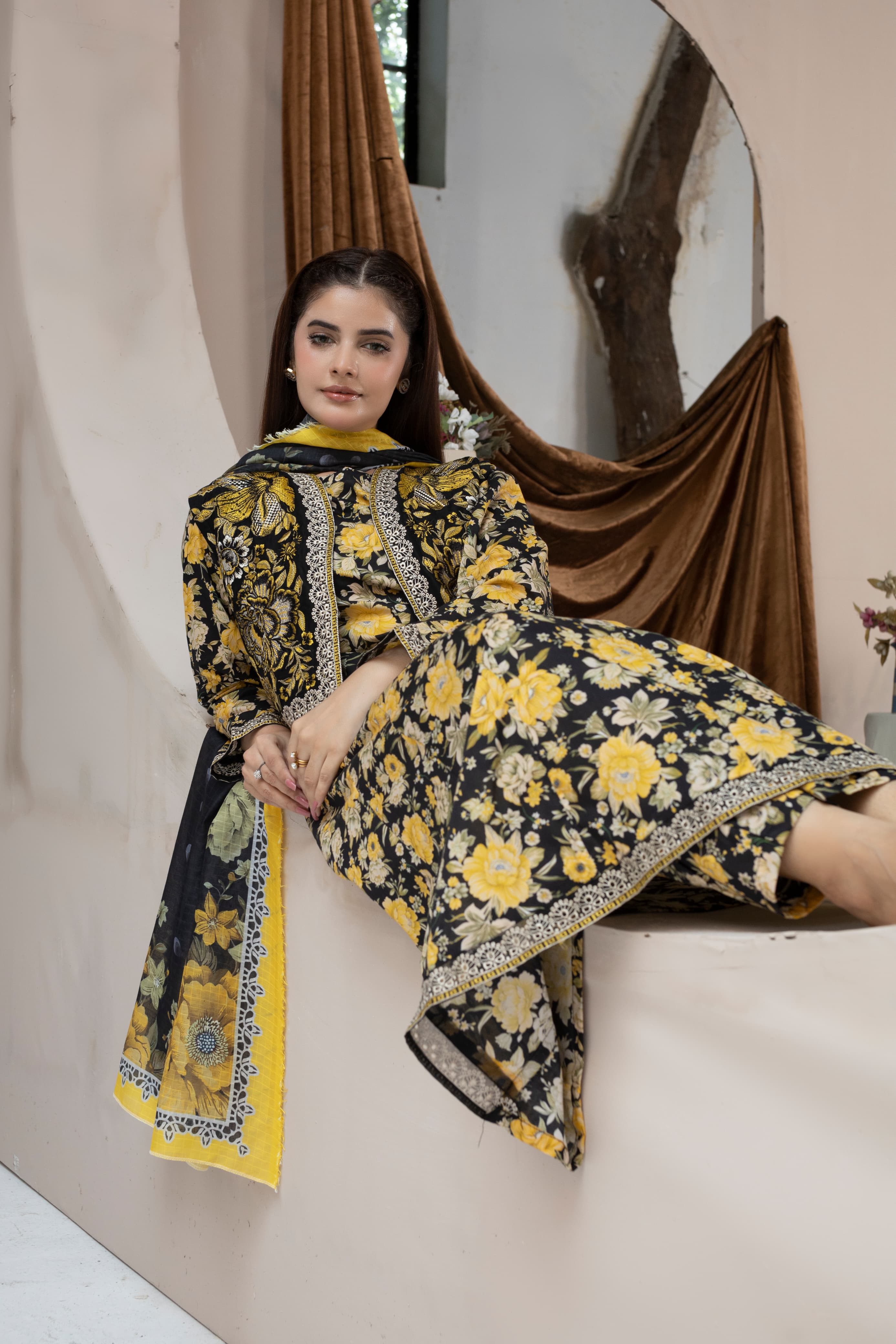 Black & Yellow Lawn Cotton Embroidered Long Frock 3Pc with Koti, Trouser & Manaar Dupatta
