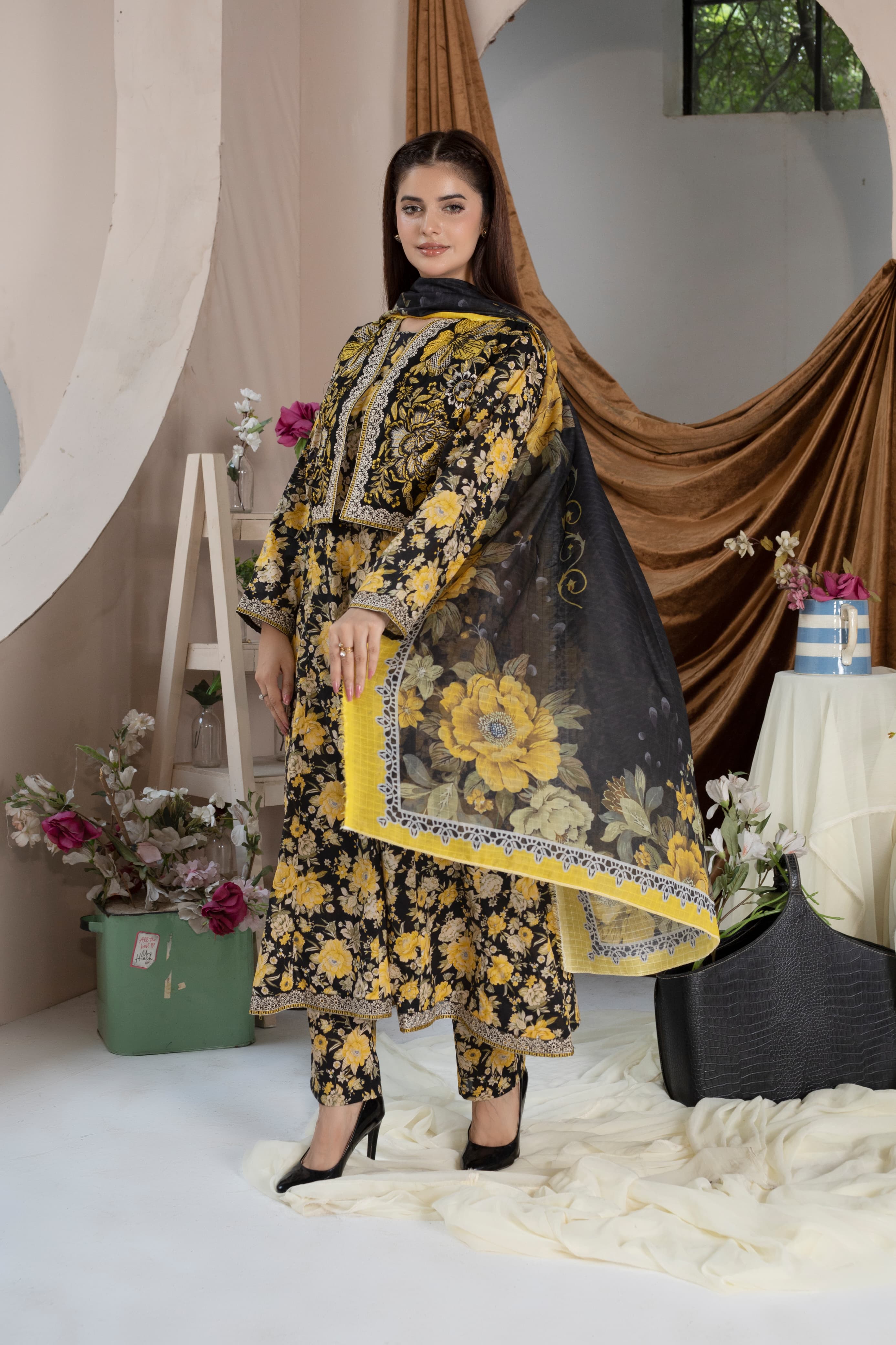 Black & Yellow Lawn Cotton Embroidered Long Frock 3Pc with Koti, Trouser & Manaar Dupatta