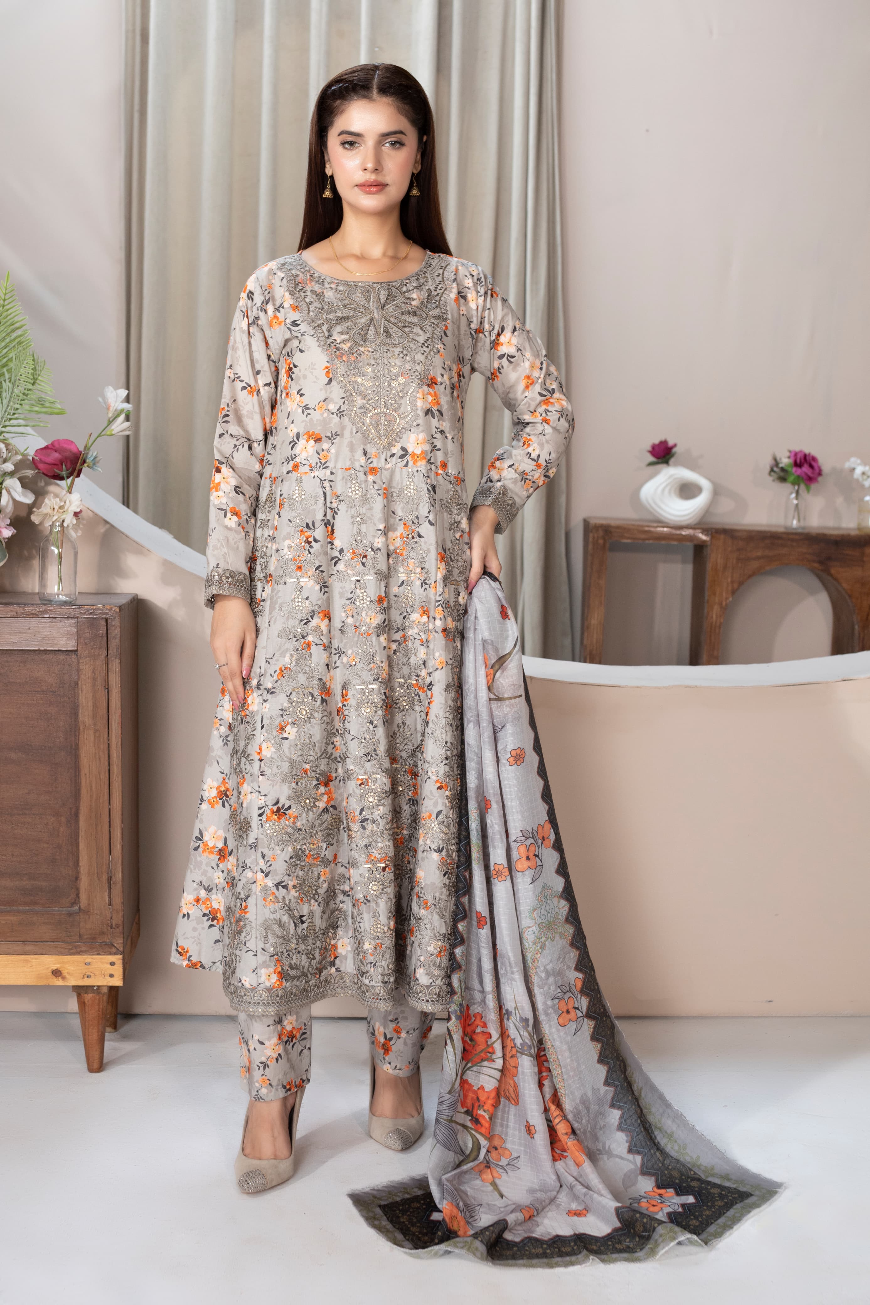 Luxury Embroidered Lawn Cotton Frock 3Pc with Loose Fit Trouser & Soft Manaar Dupatta