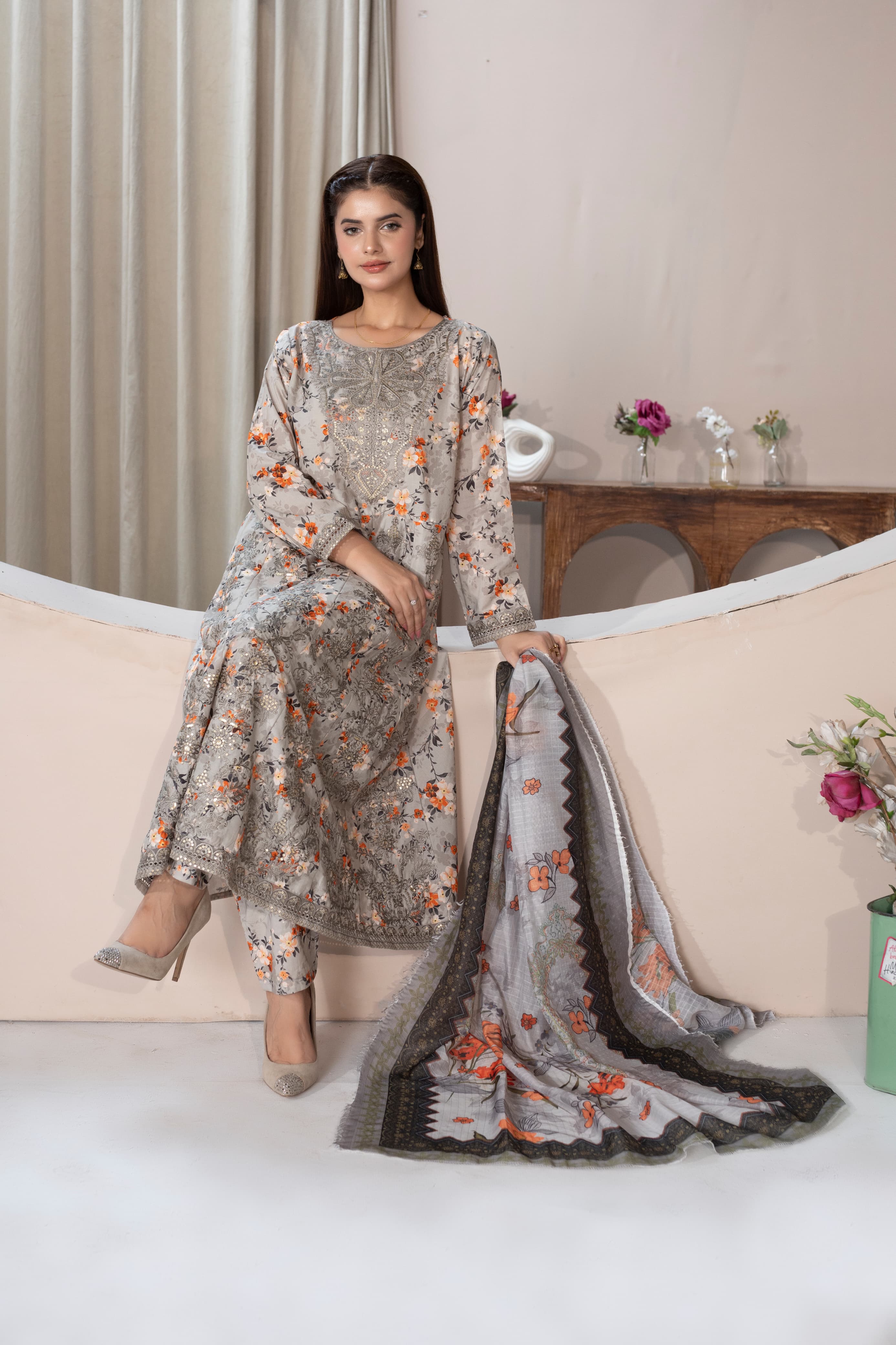 Luxury Embroidered Lawn Cotton Frock 3Pc with Loose Fit Trouser & Soft Manaar Dupatta