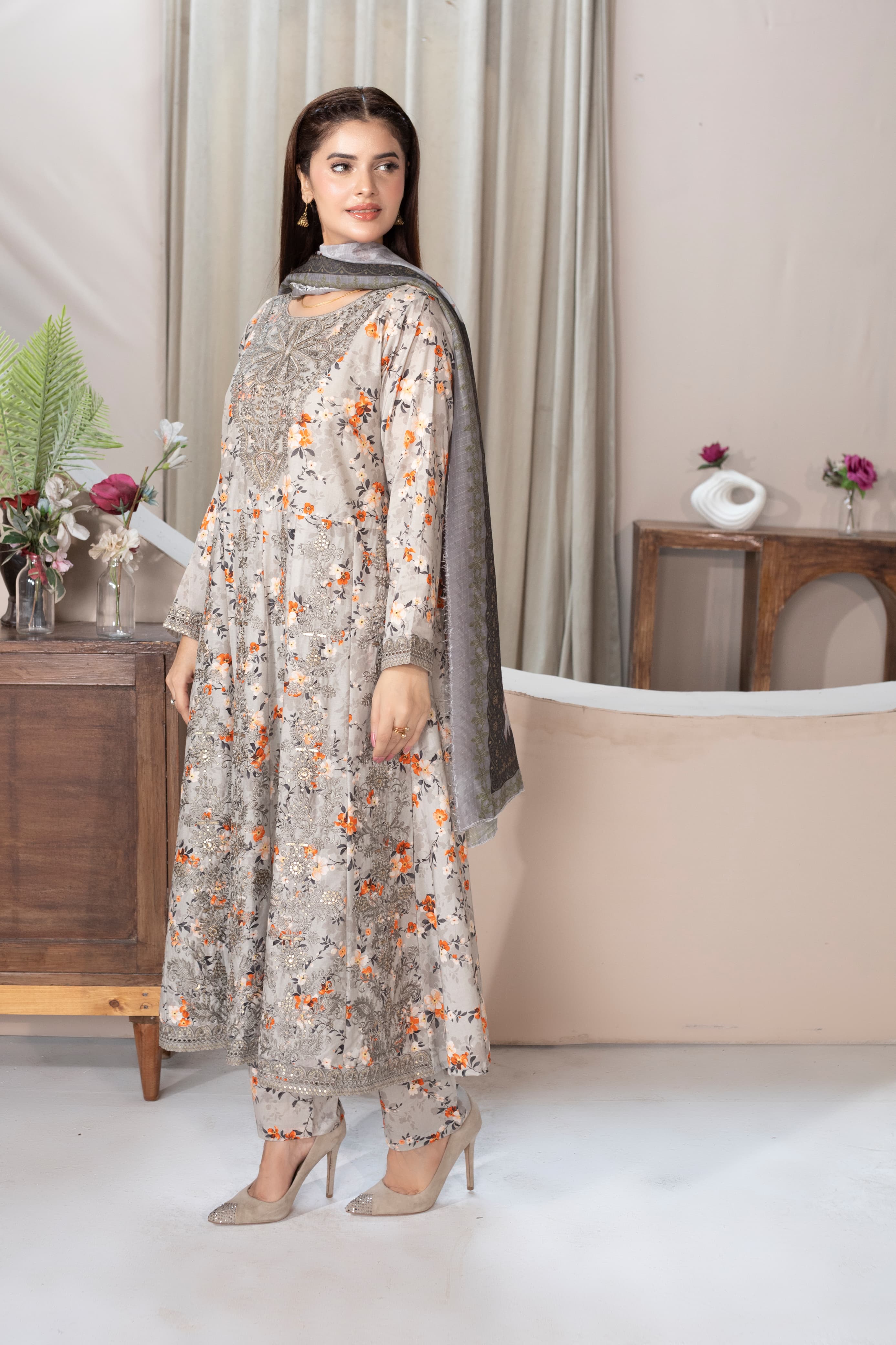Luxury Embroidered Lawn Cotton Frock 3Pc with Loose Fit Trouser & Soft Manaar Dupatta