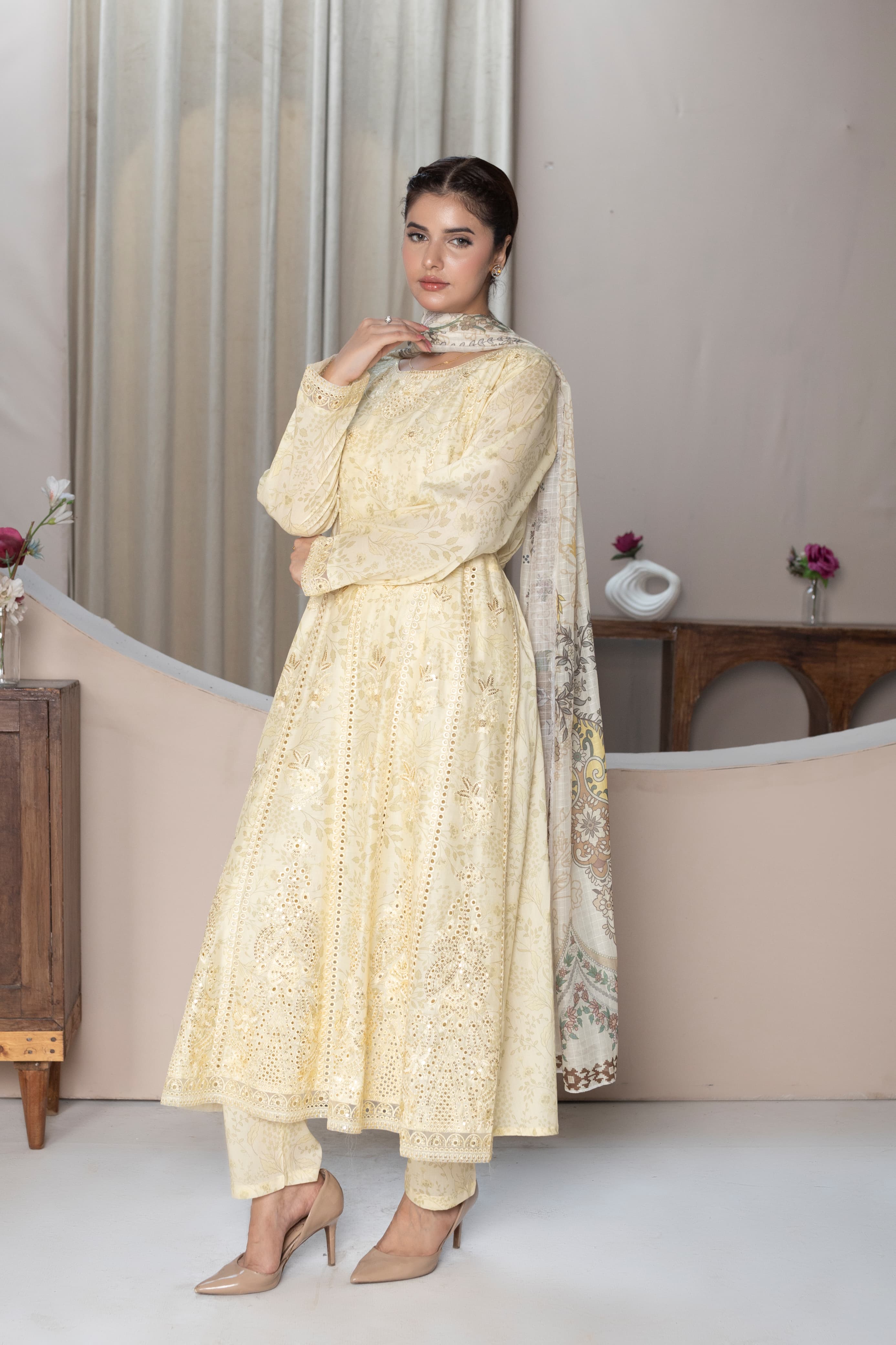 Premium Lawn Long Frock 3Pc with Embroidered Neck, Sleeves & Border
