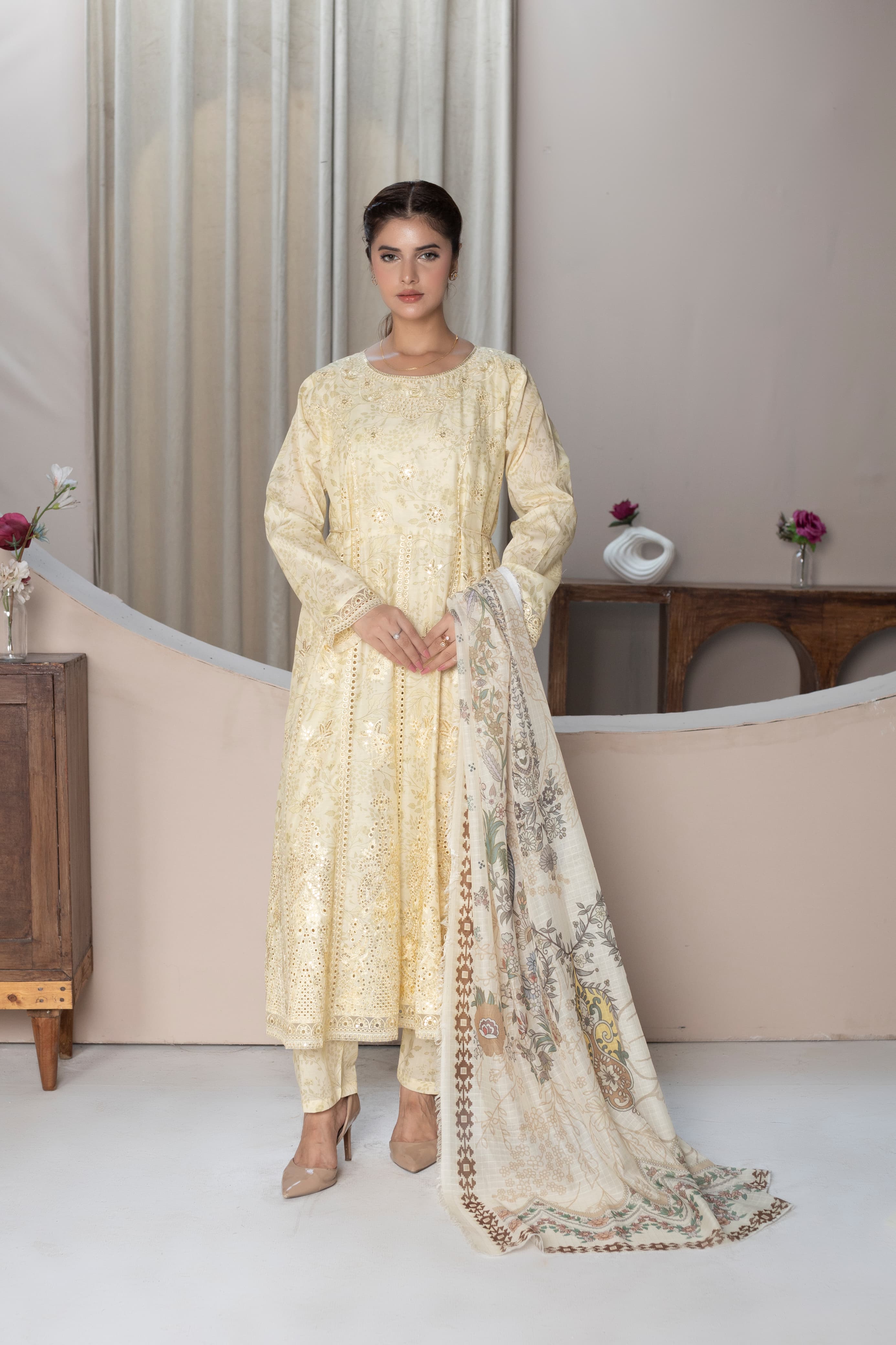 Premium Lawn Long Frock 3Pc with Embroidered Neck, Sleeves & Border