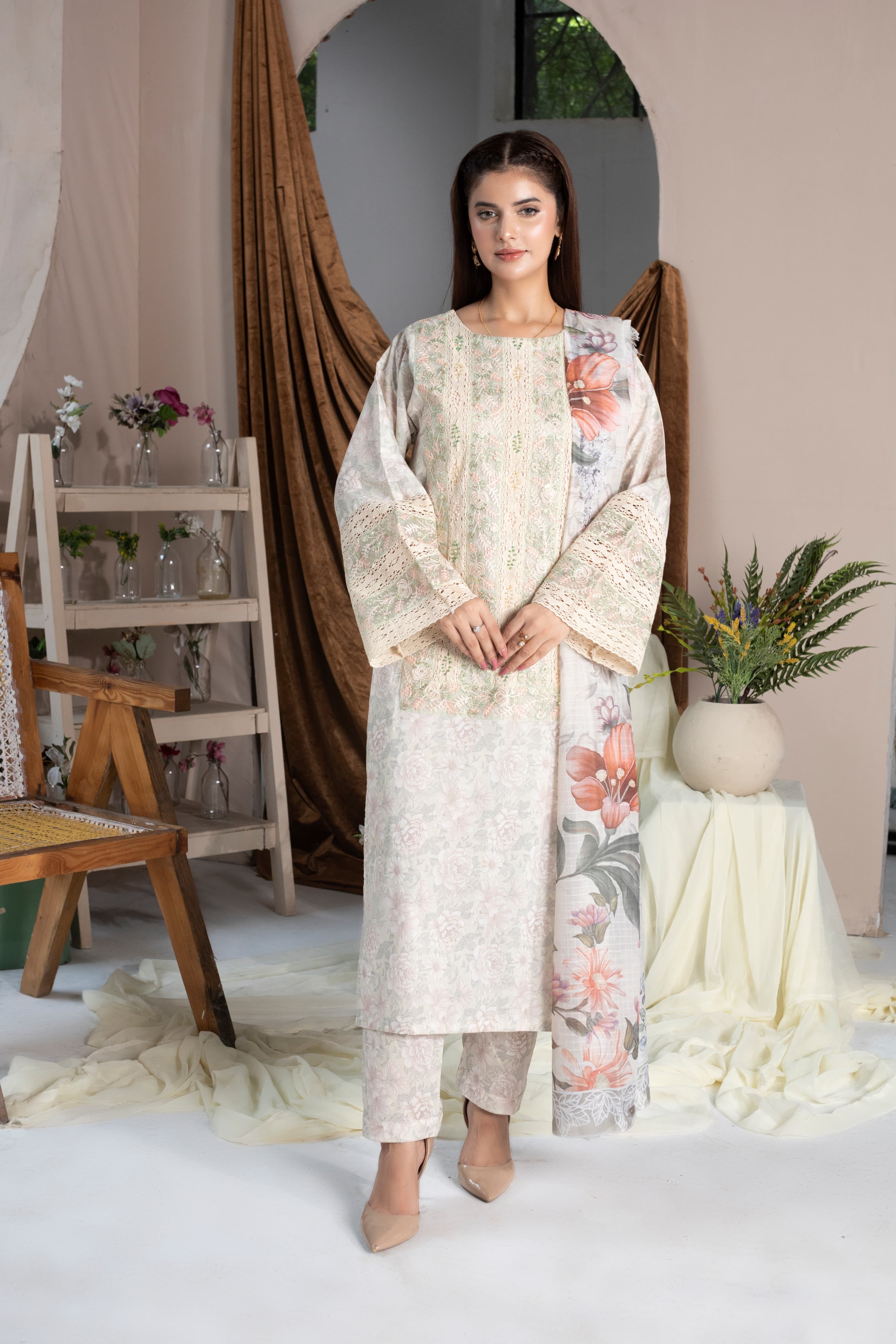 Lawn Cotton 3-Piece Embroidered Set with Manaar Dupatta