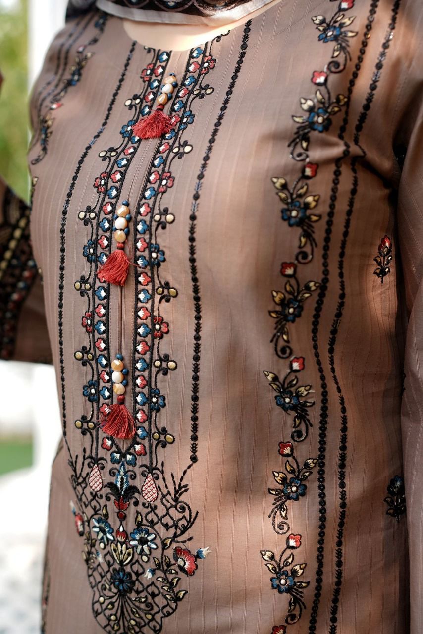 Self Cotton Embroidered 3Pc Suit with Fully Embroidered Shirt, Trouser & Soft Dupatta