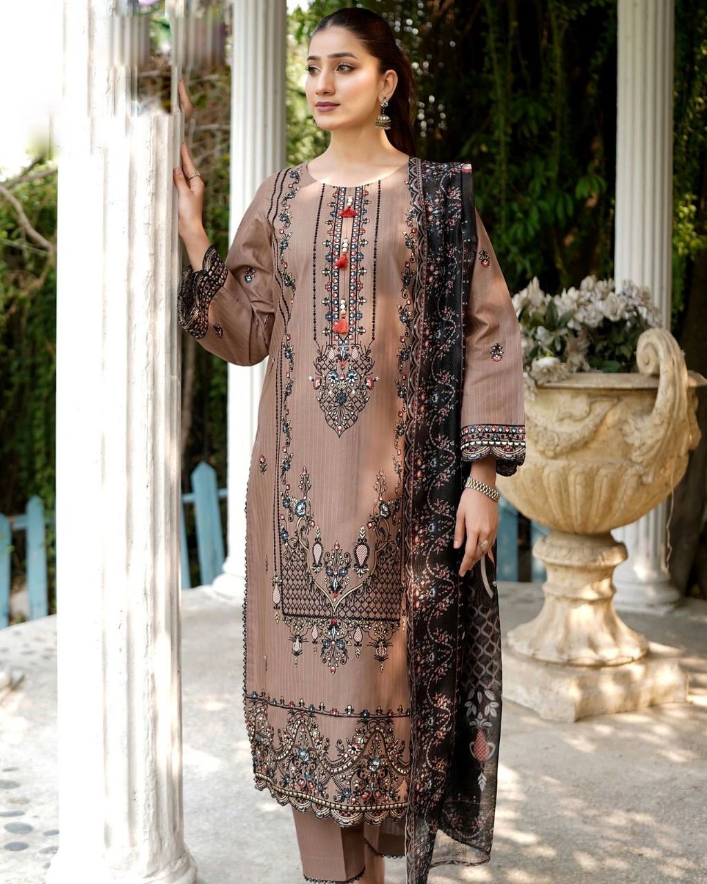 Self Cotton Embroidered 3Pc Suit with Fully Embroidered Shirt, Trouser & Soft Dupatta
