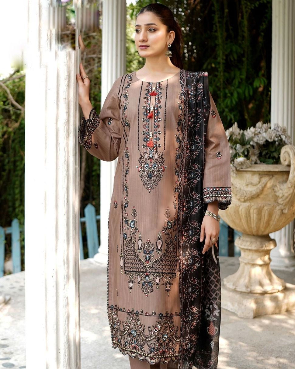 Self Cotton Embroidered 3Pc Suit with Fully Embroidered Shirt, Trouser & Soft Dupatta